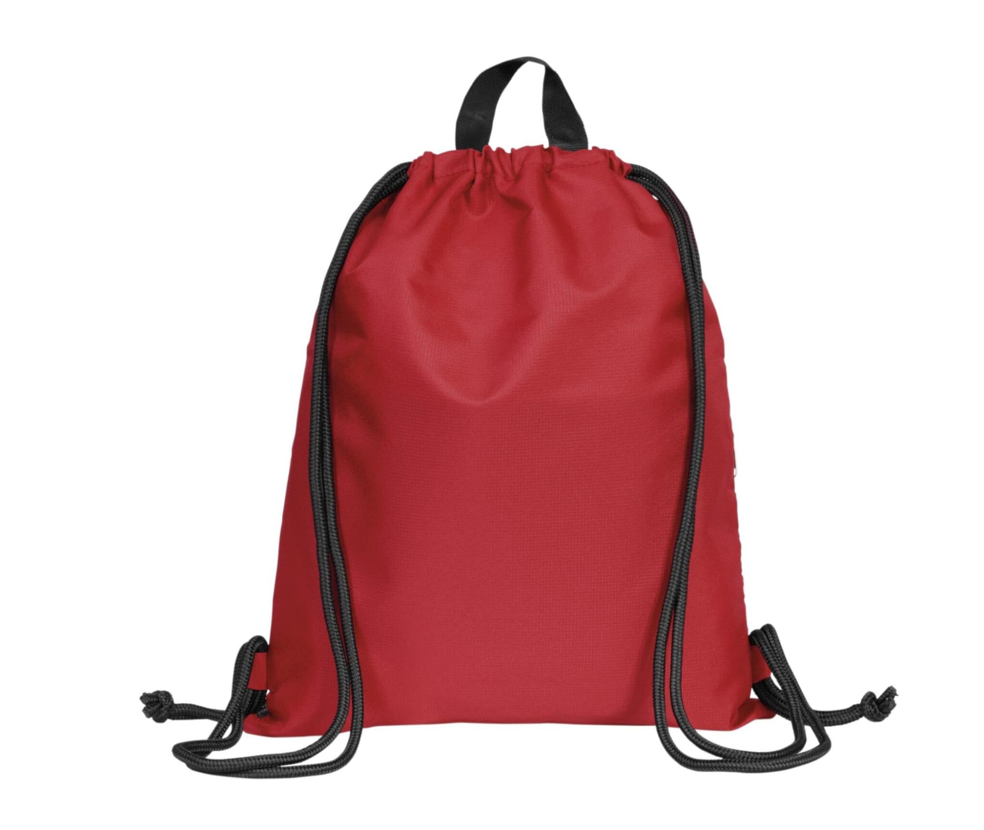 A red drawstring bag with black cords and a top handle, featuring a logo.