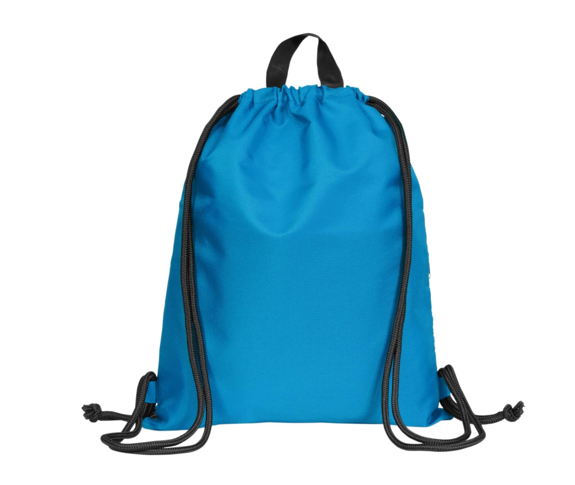 A blue drawstring bag with black cords and a top handle, featuring a logo on its surface.