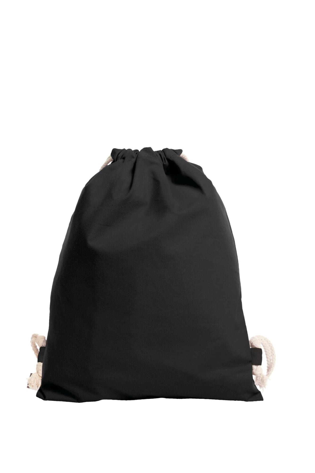A black drawstring bag with natural rope ties and a branded label on one side.