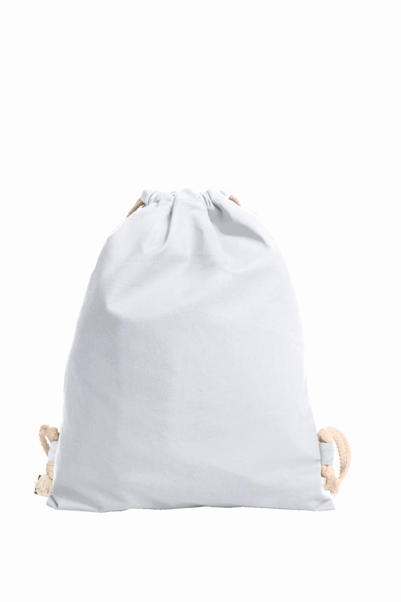 A light grey drawstring bag with beige rope handles and a logo at the front.