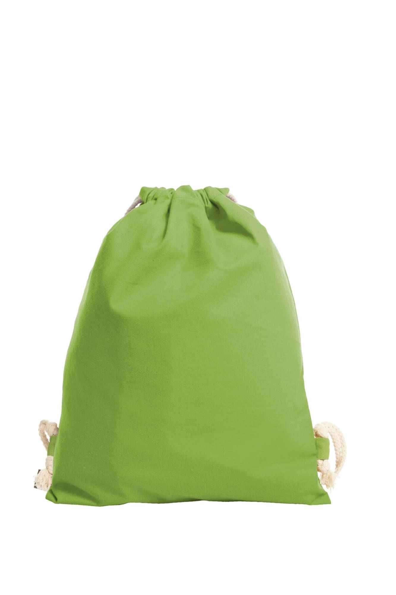 A green drawstring bag with natural rope straps and no visible branding.