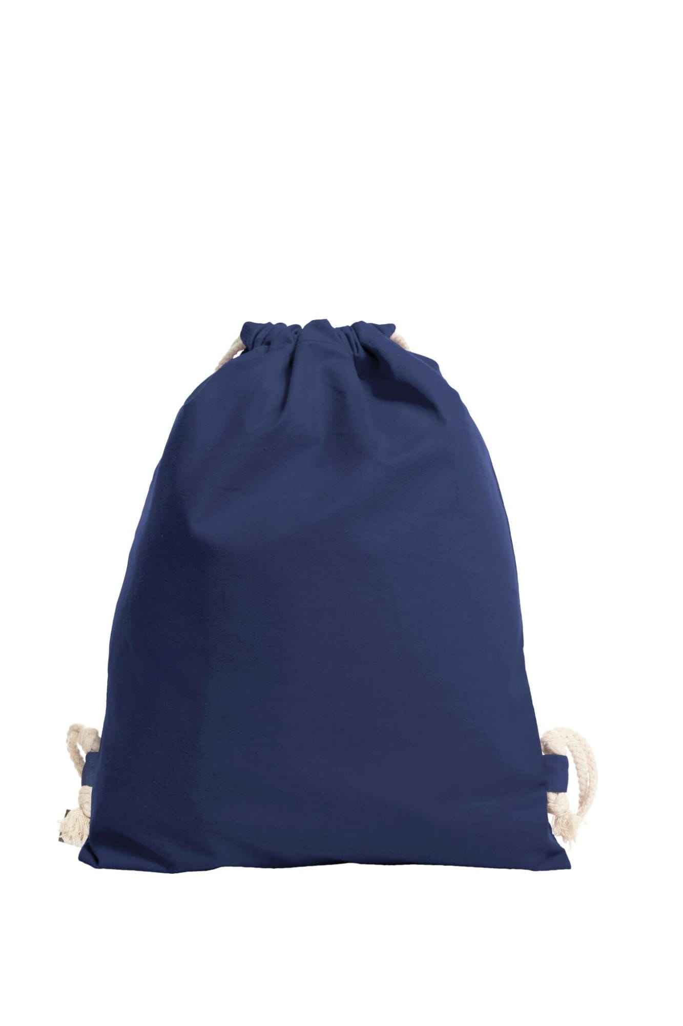 A navy blue drawstring bag with cream-coloured ropes, featuring a logo on the front.
