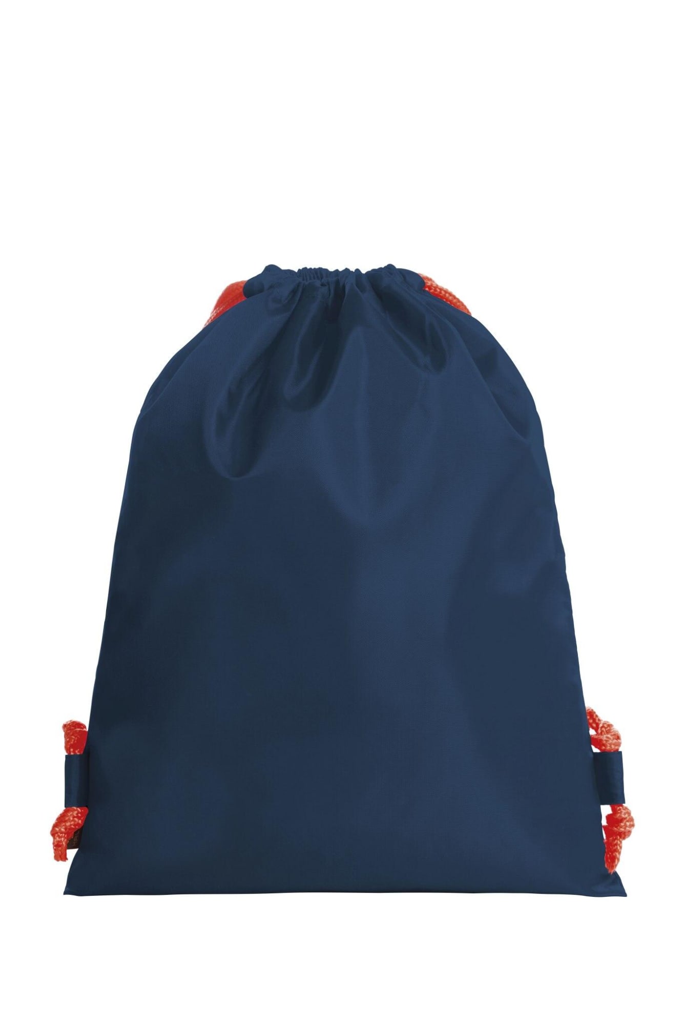 A navy drawstring bag with orange cord accents, featuring a simple design and a logo on the front.