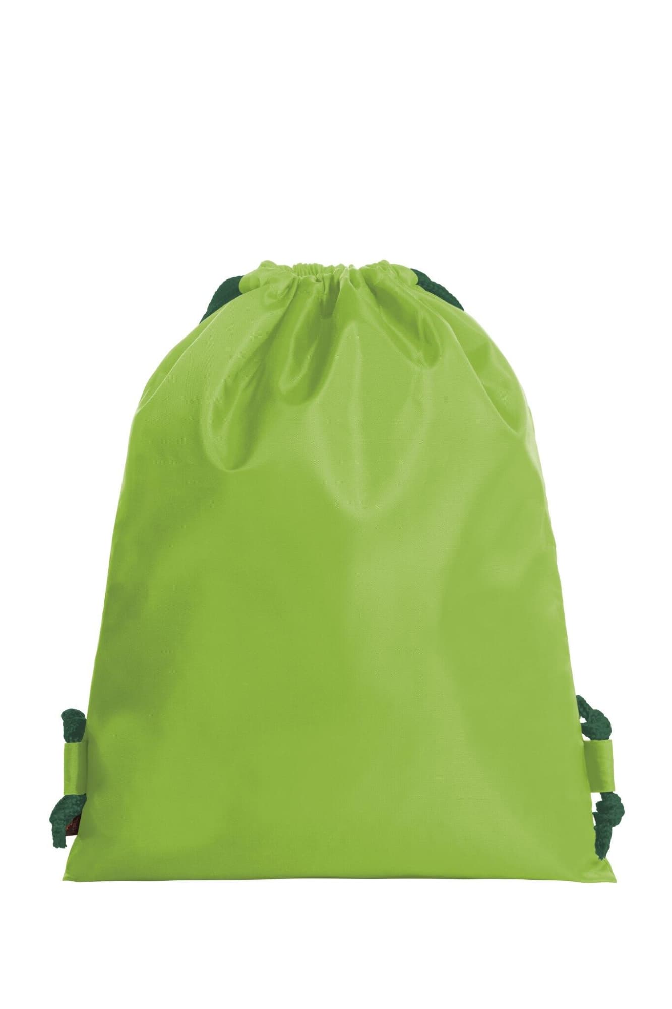 A bright green drawstring bag with matching green cords, featuring a simple design and a logo.