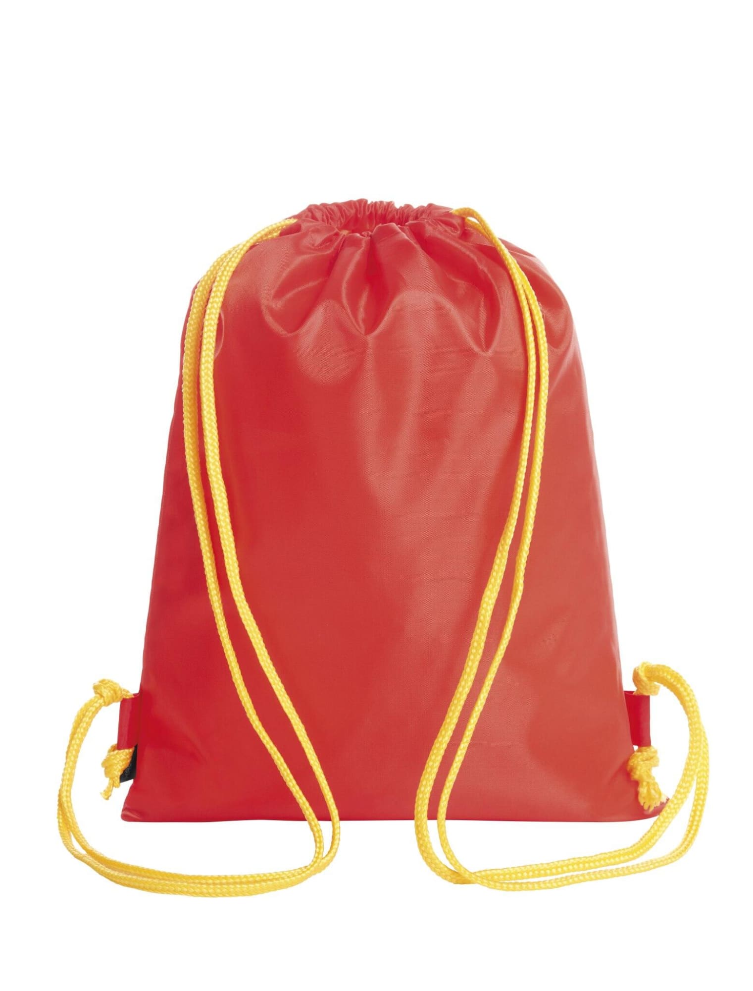 A red drawstring bag with yellow cord handles and a solid design. It features a logo on one side.