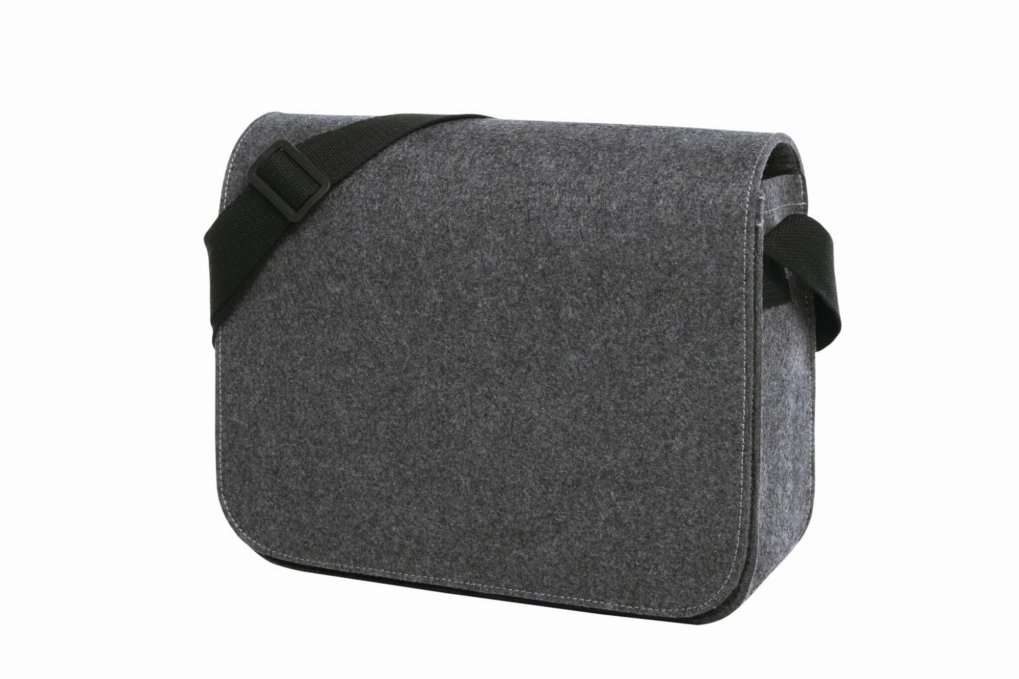 A grey shoulder bag made from felt material, featuring a long adjustable strap and a flap closure.