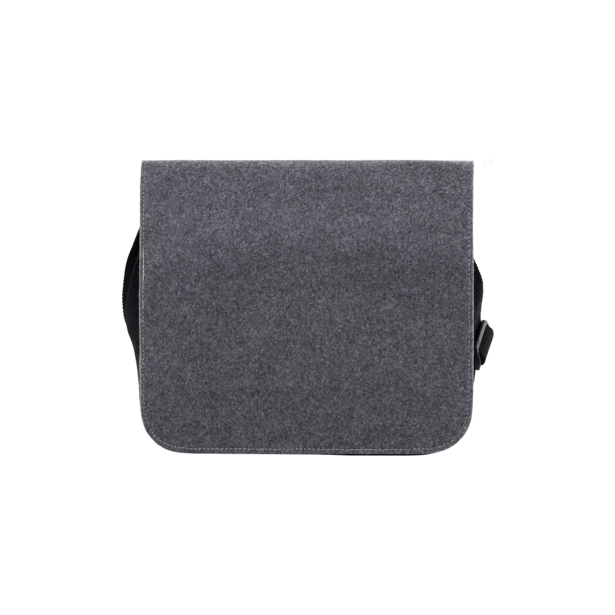 A grey shoulder bag with a flap closure and an adjustable strap. It features a logo on the side.