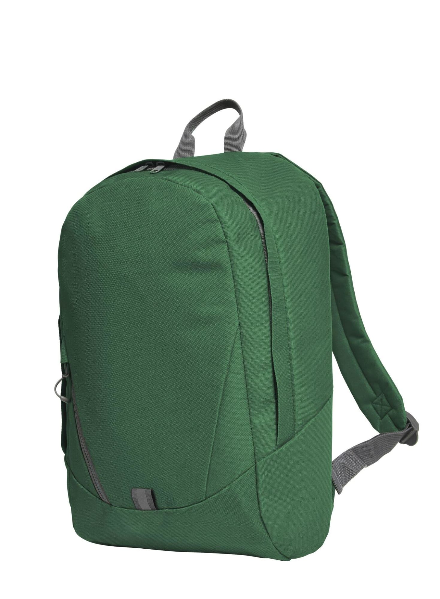 A green backpack with a sleek design, featuring adjustable straps and a small pocket on the front. It has a logo.