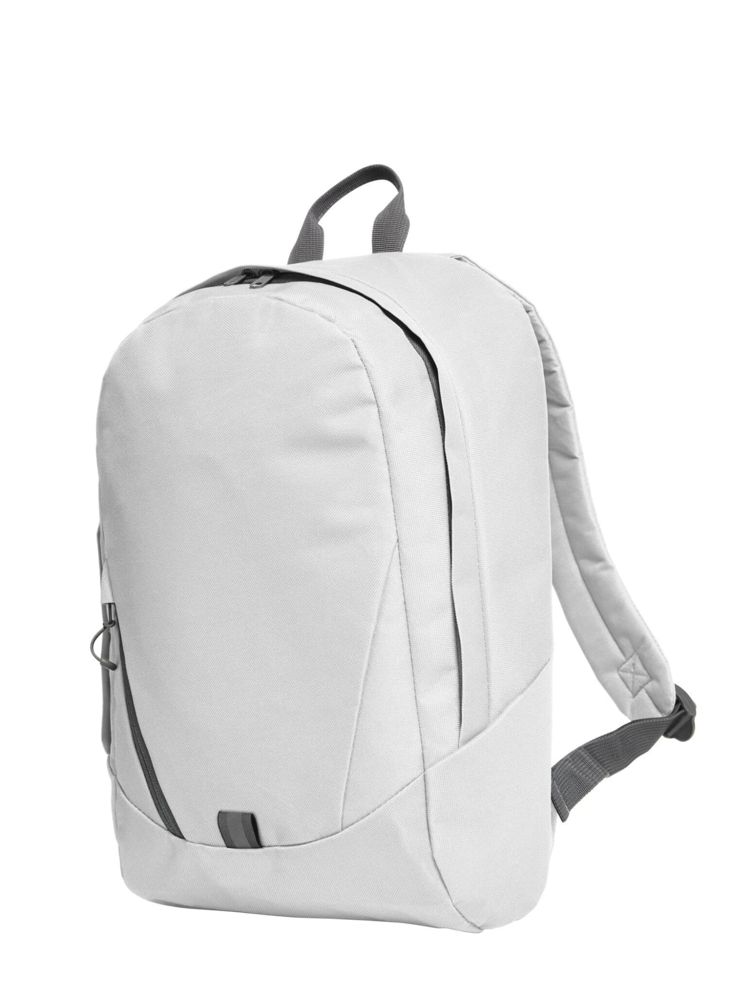 A grey backpack with a sleek design, featuring padded shoulder straps and a small pocket on the front.