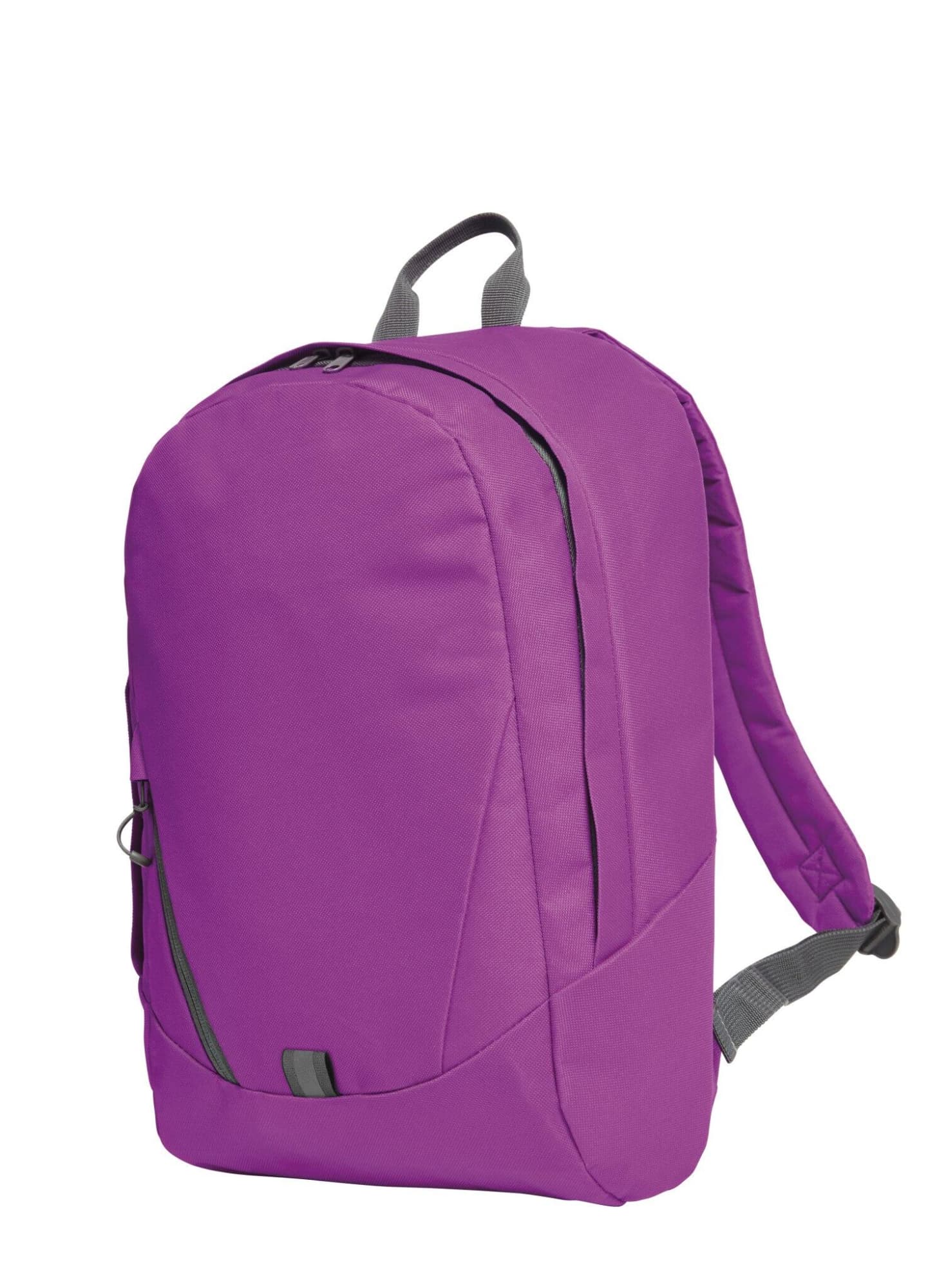 A purple backpack with grey accents and straps, featuring a main compartment and a small front zip pocket.