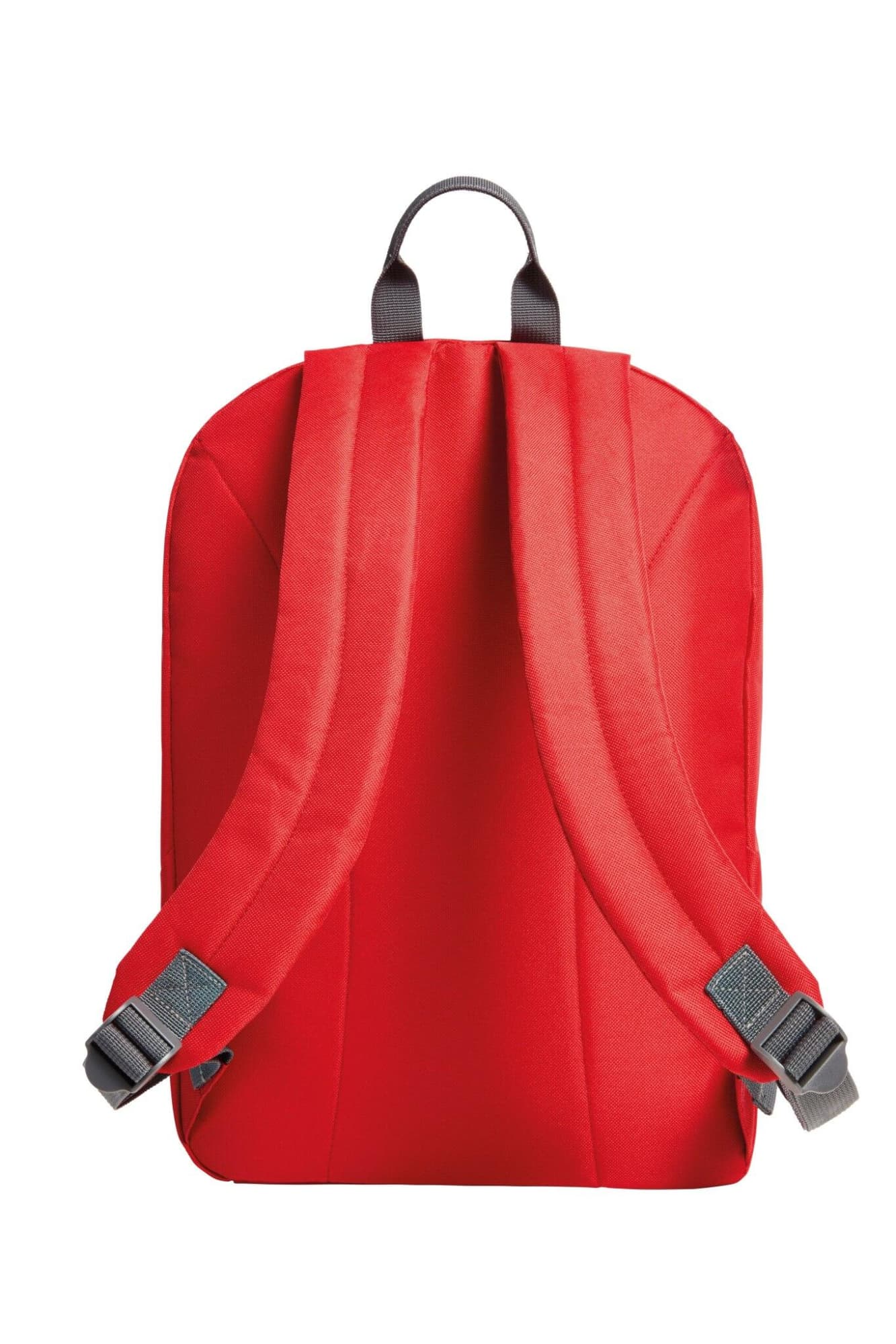 A red backpack with padded straps and a sleek design, featuring a handle on top and a logo.