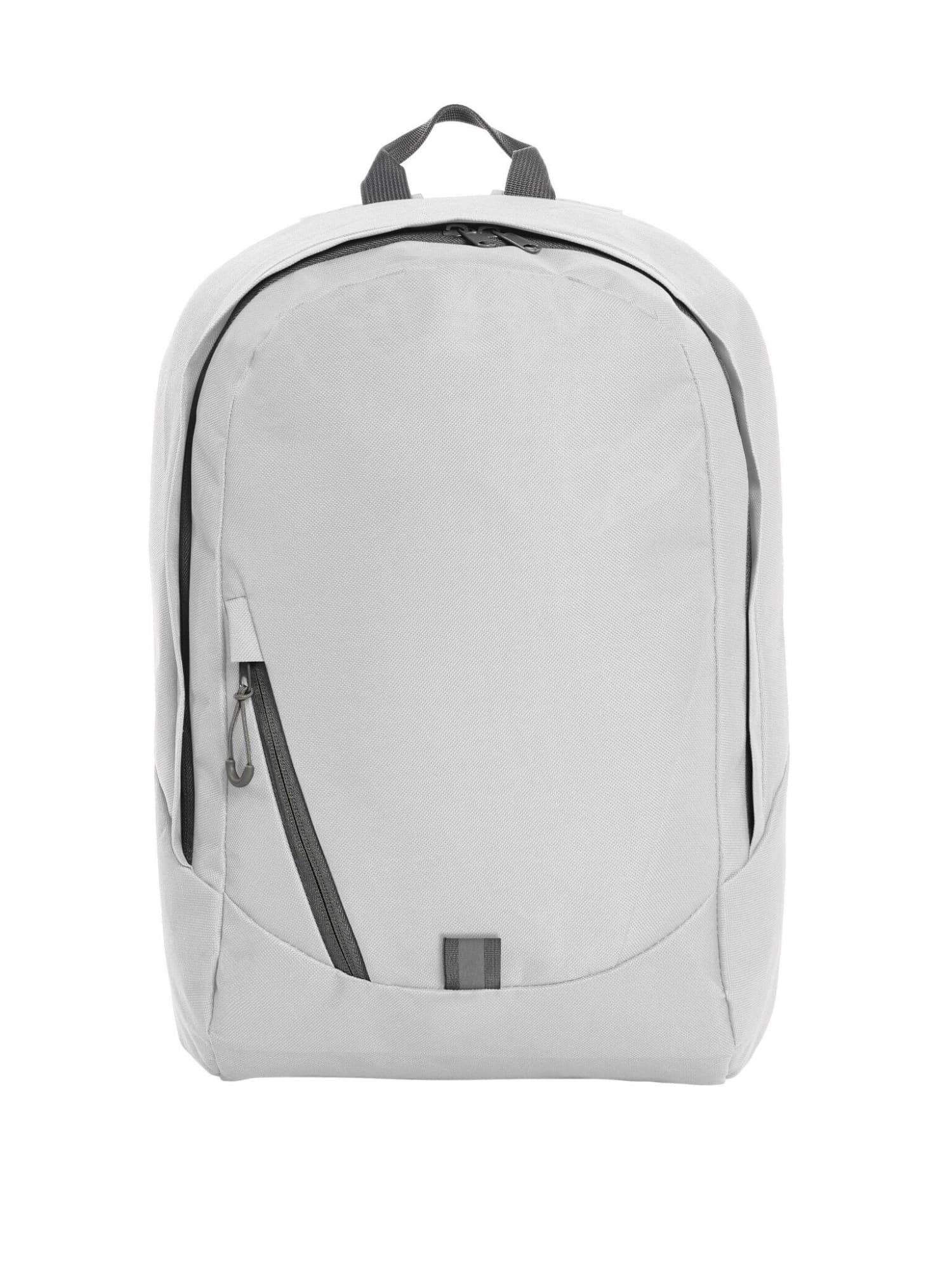 A light grey backpack featuring a main compartment, a side zip pocket, and a logo.