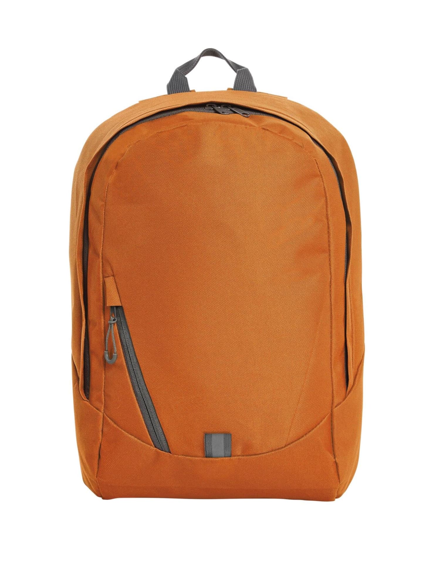 An orange backpack featuring a zippered compartment and a logo. Simple and modern design.