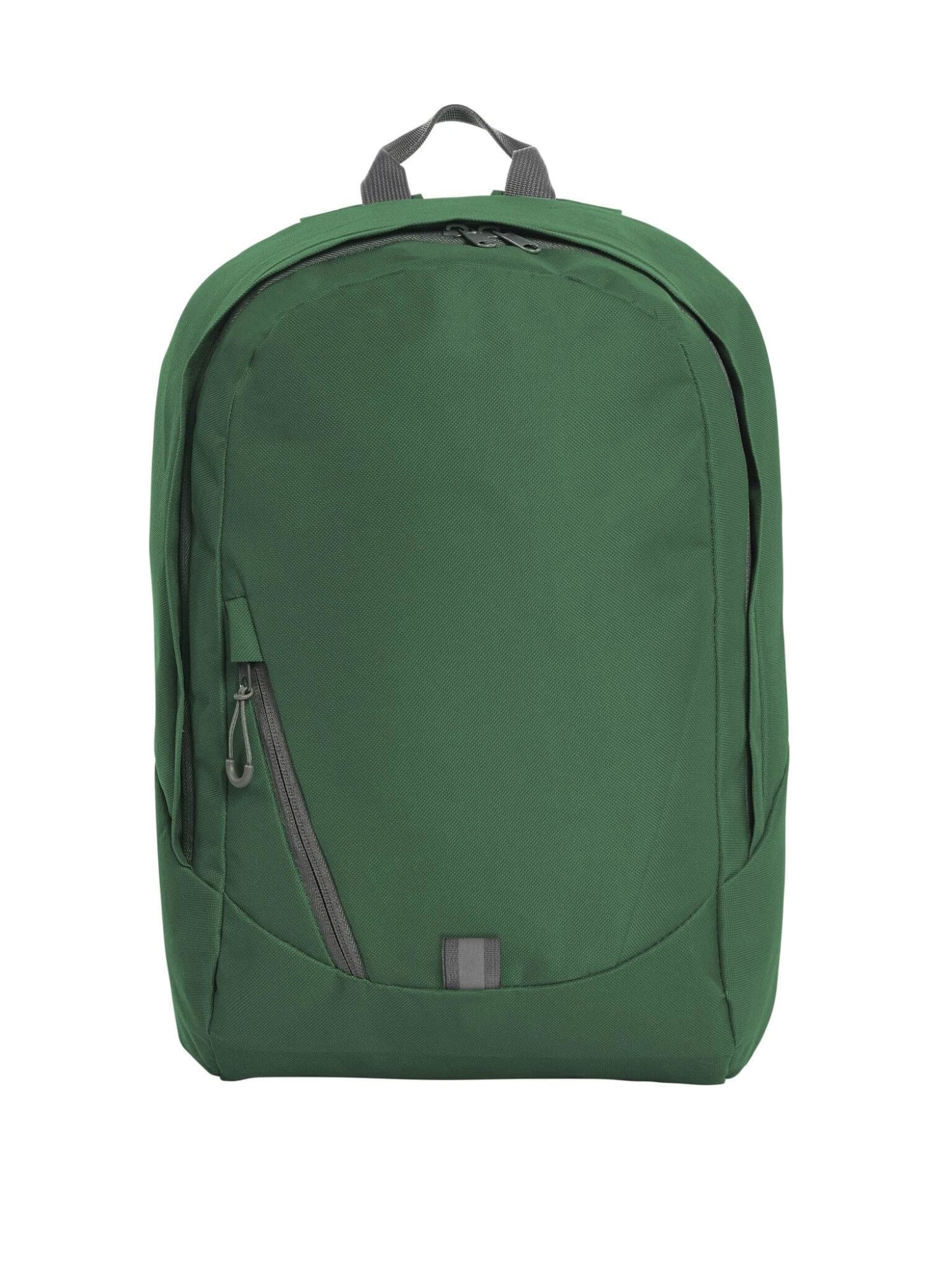 A green backpack with a front zip pocket and a logo. It features a sleek design and adjustable straps.
