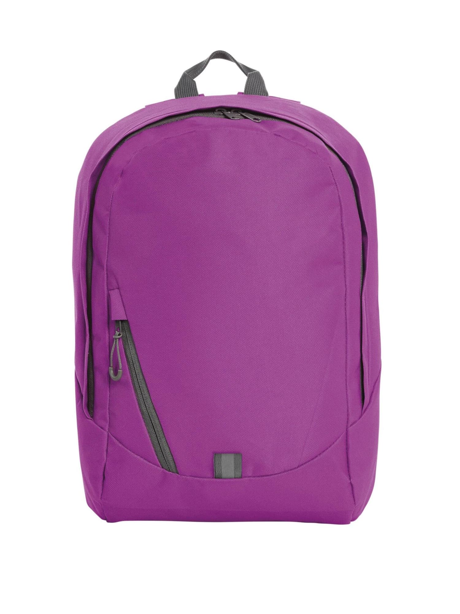A purple backpack with a sleek design, featuring a front zip pocket and a carry handle. It has a logo on it.