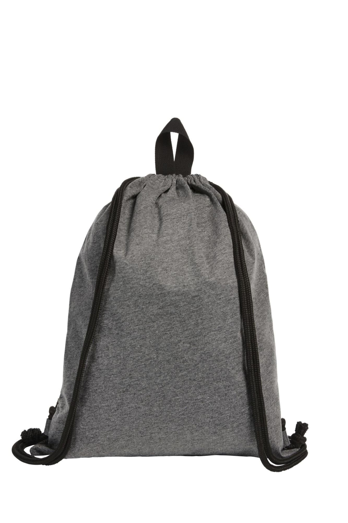 A grey drawstring bag with black cords, featuring a logo.