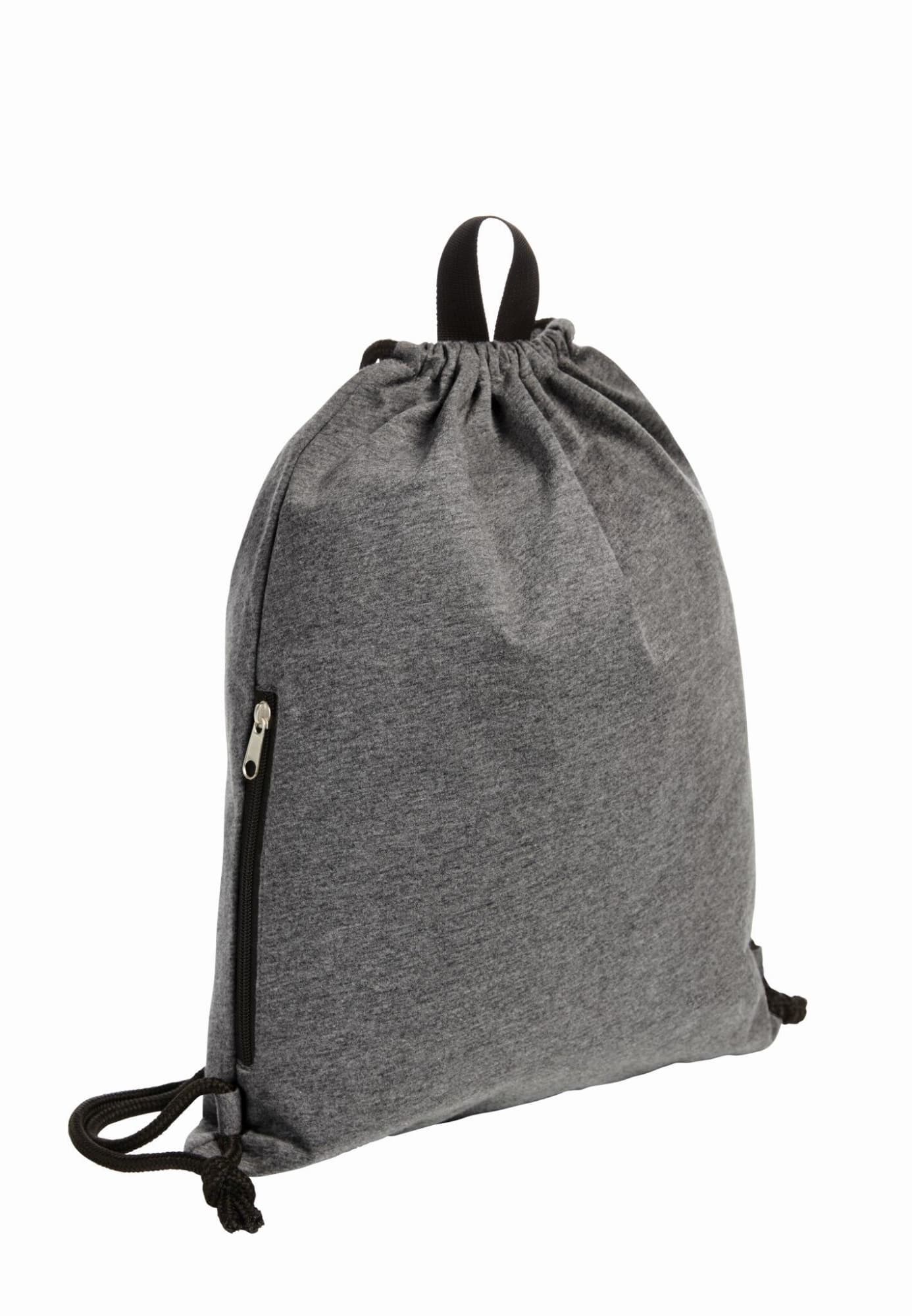 A grey drawstring bag with a zippered pocket and black drawstrings. Features a loop for easy carrying.