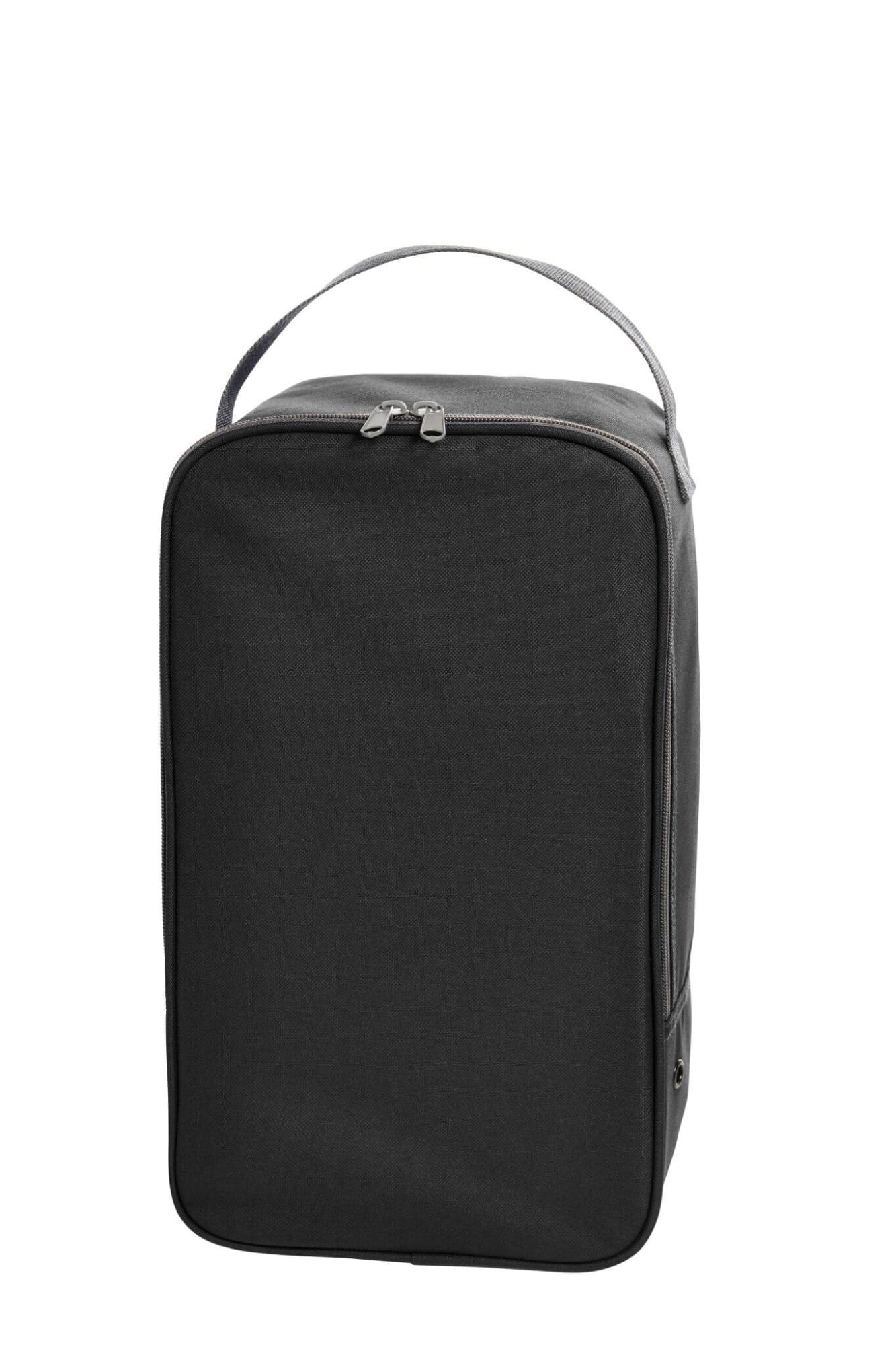 A black shoe bag with a zip closure and a carrying handle. It features a simple, sleek design.