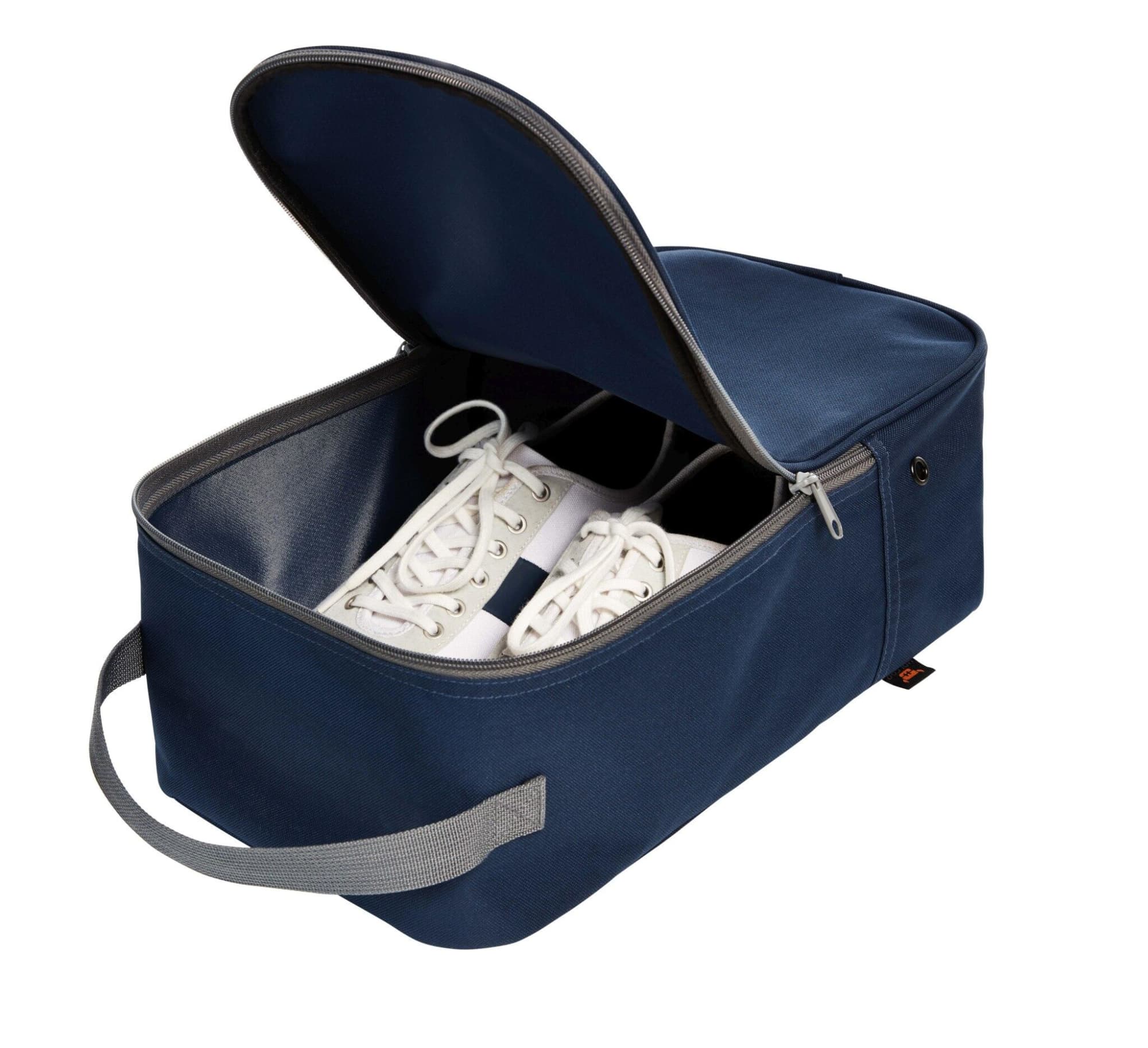 A navy shoe bag with a zippered opening, containing a pair of white sneakers and a handle for easy carrying.
