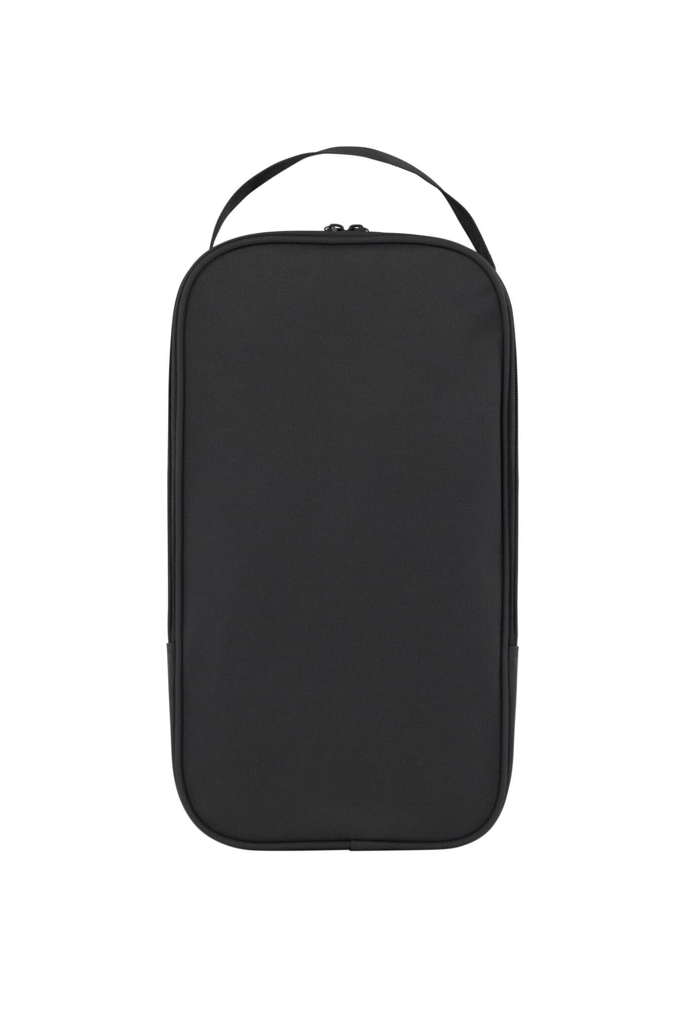 A black shoe bag featuring a zip closure and a carry handle, with a logo on the front.