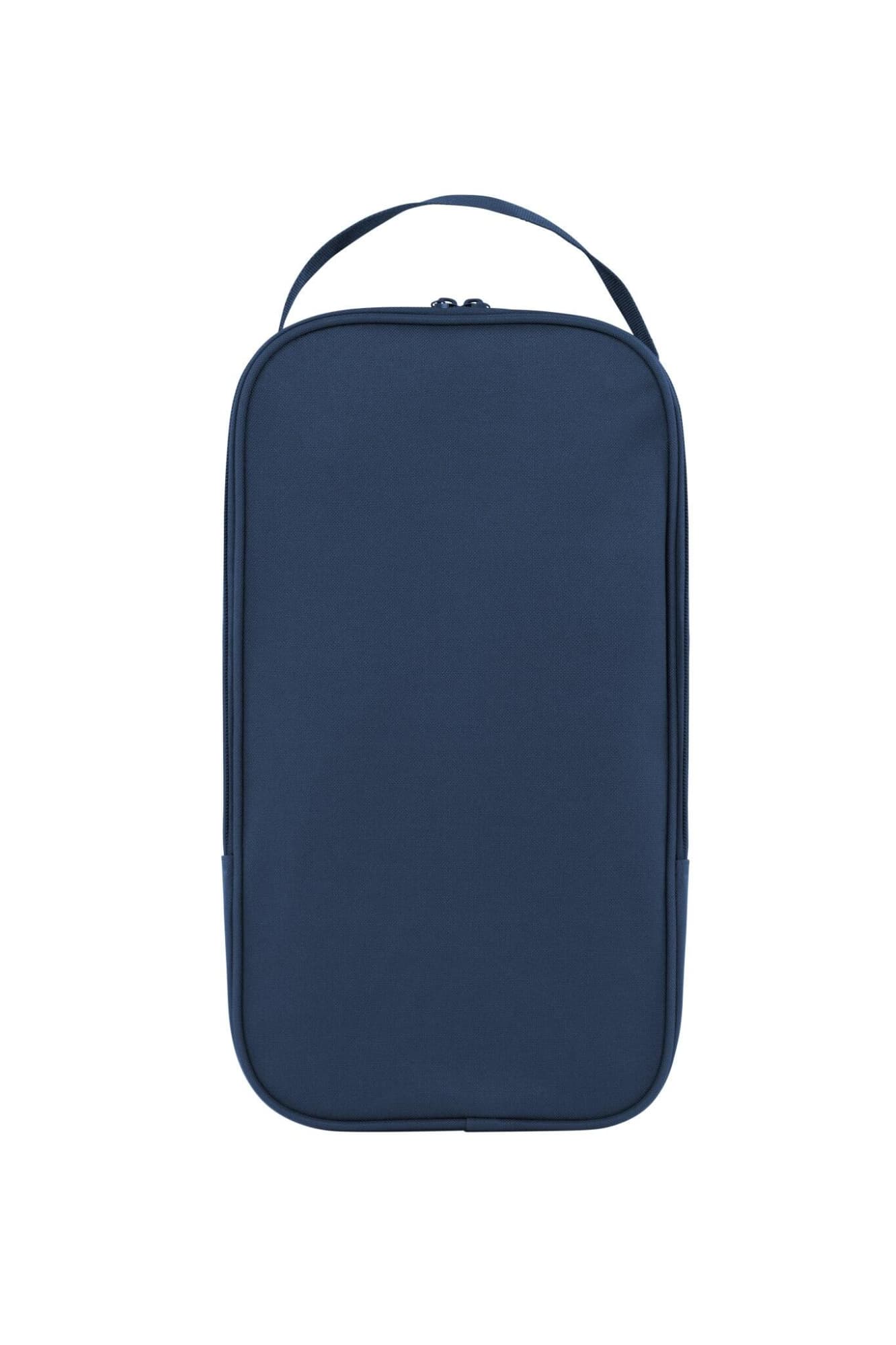 A blue shoe bag with a zip closure and carry handle, featuring a simple design and a logo.