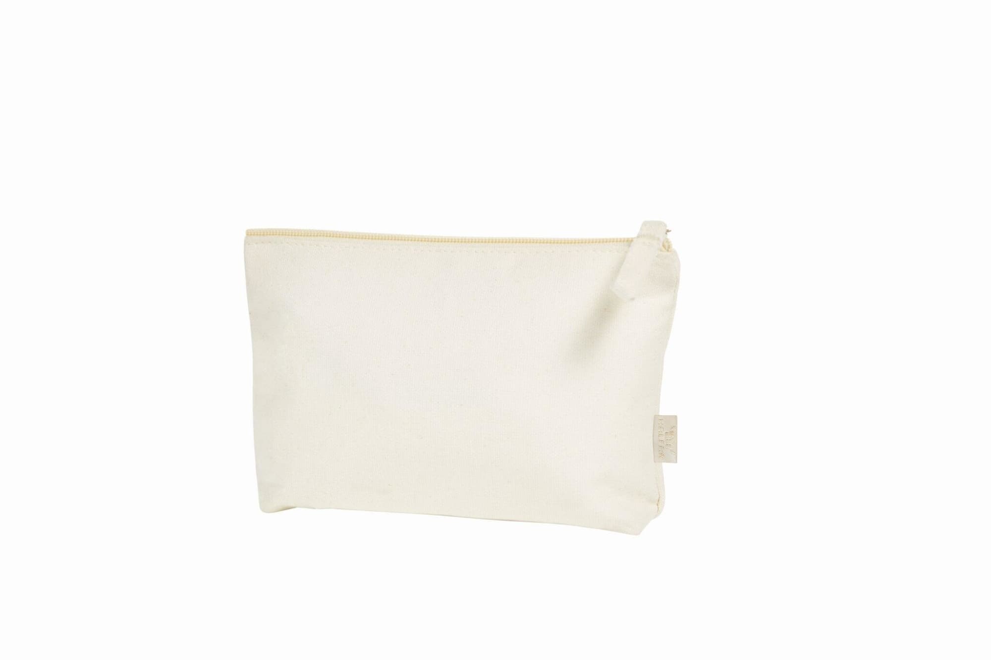 A cream toiletry bag with a zip closure, featuring a simple design and a small logo tag.