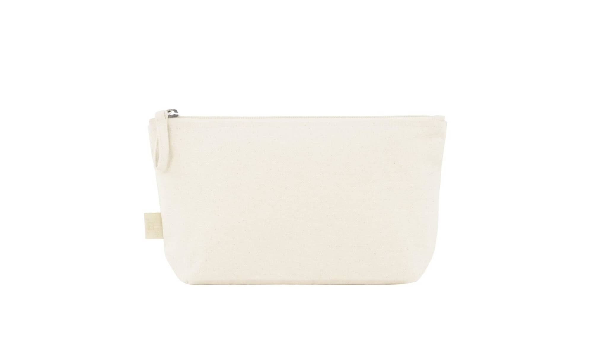 A natural-coloured organic zipper bag with a simple design and a zip closure. It features a small tag on the side.