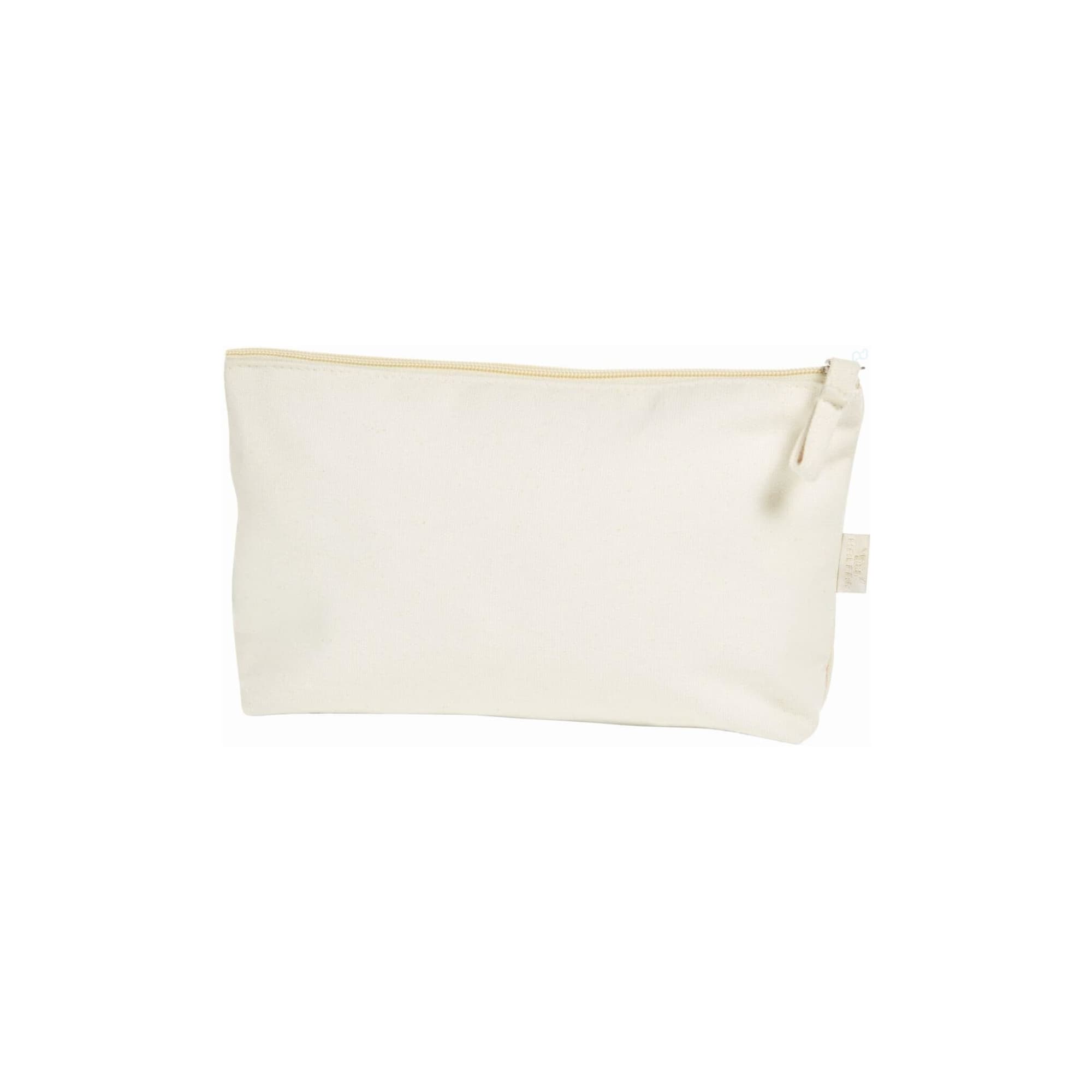 A beige organic zipper bag with a smooth fabric texture and a zip closure, featuring a small tag.