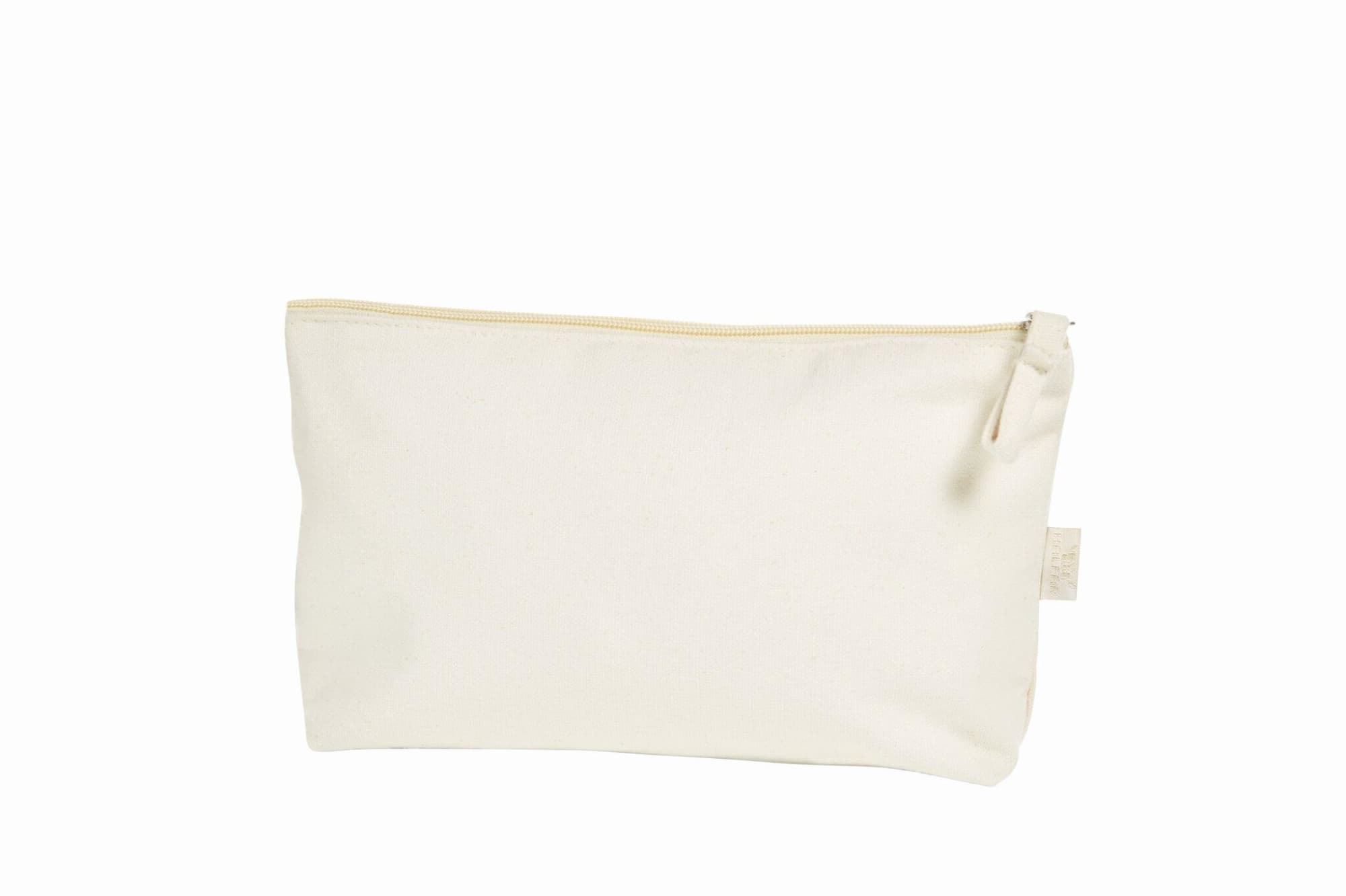 A cream-coloured zipper bag with a light tan zipper and a small tag, featuring a logo.