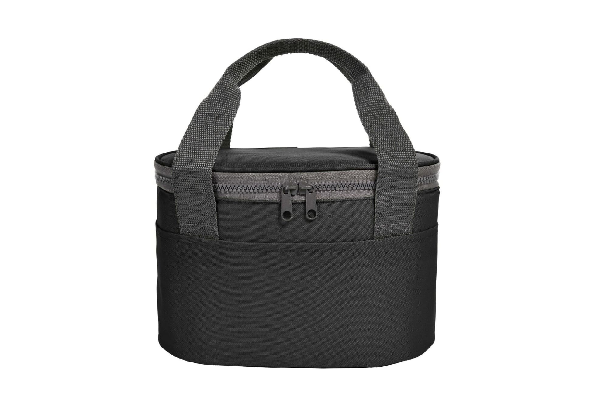 A black lunch bag with a zippered top, featuring two sturdy grab handles and an external pocket.