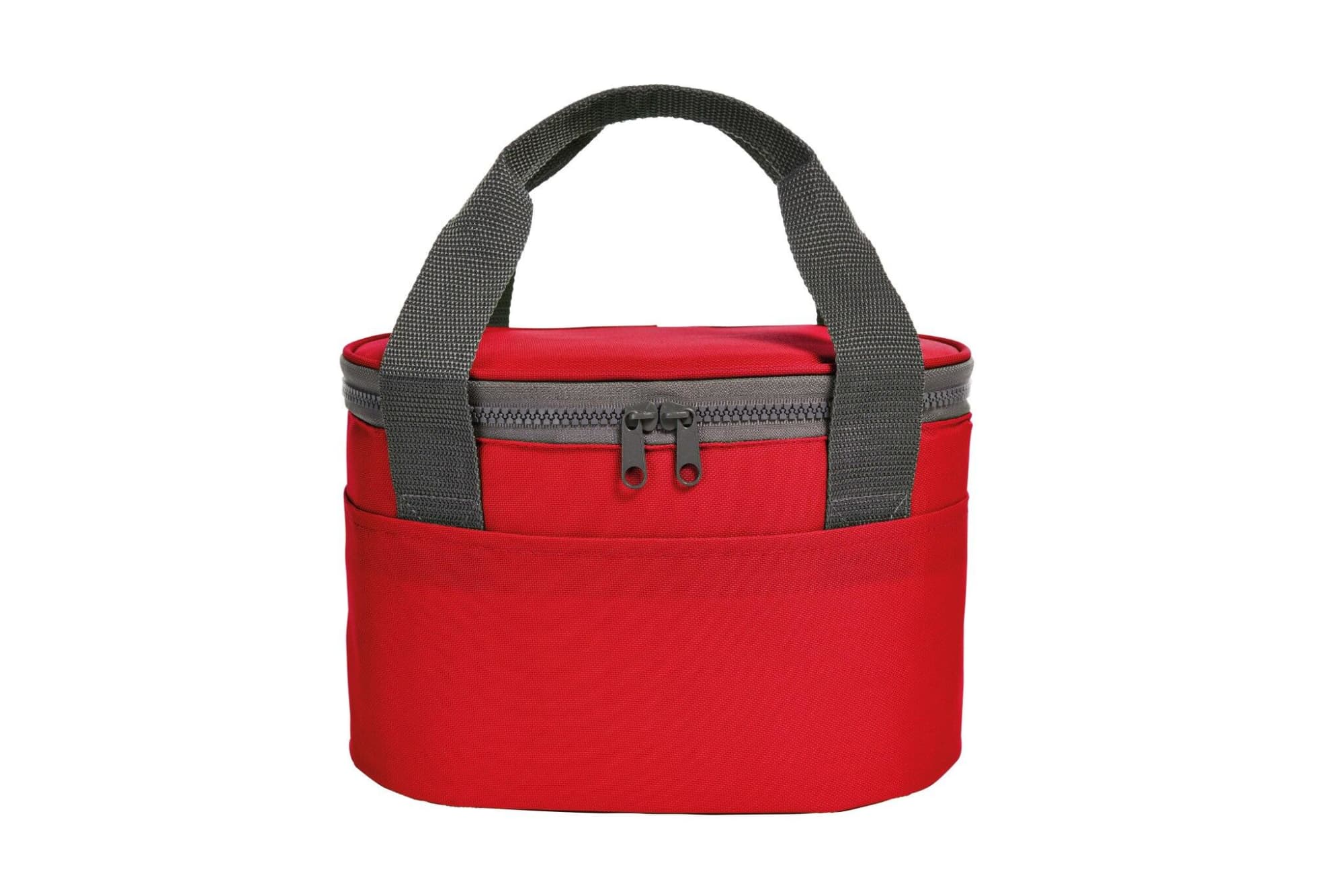 A red lunch bag with a grey zipper and handles, featuring an outer pocket.