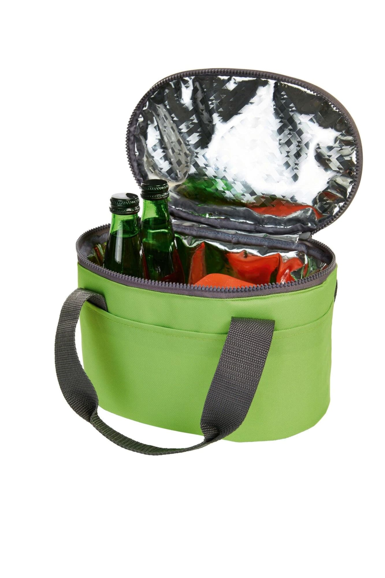 A green lunch bag with a grey handle, featuring an insulated interior and holding two drink bottles and fresh produce.