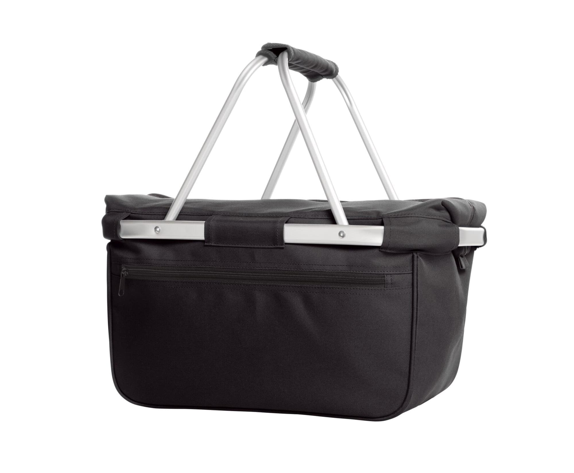 A black cooler shopping bag with metal handles, featuring a zippered pocket and a structured design.