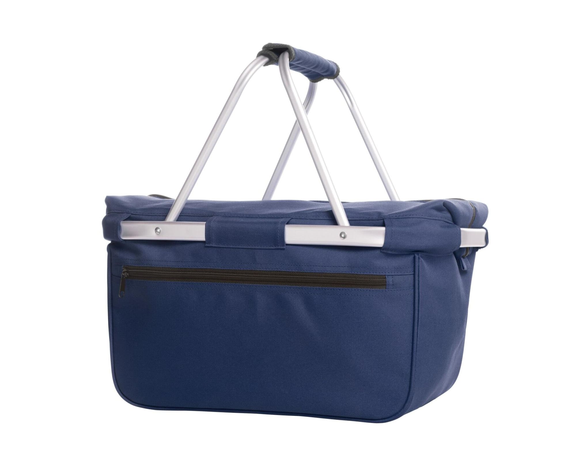 A navy blue cooler bag with a sturdy handle and a zippered pocket on the front. It has a metallic frame.