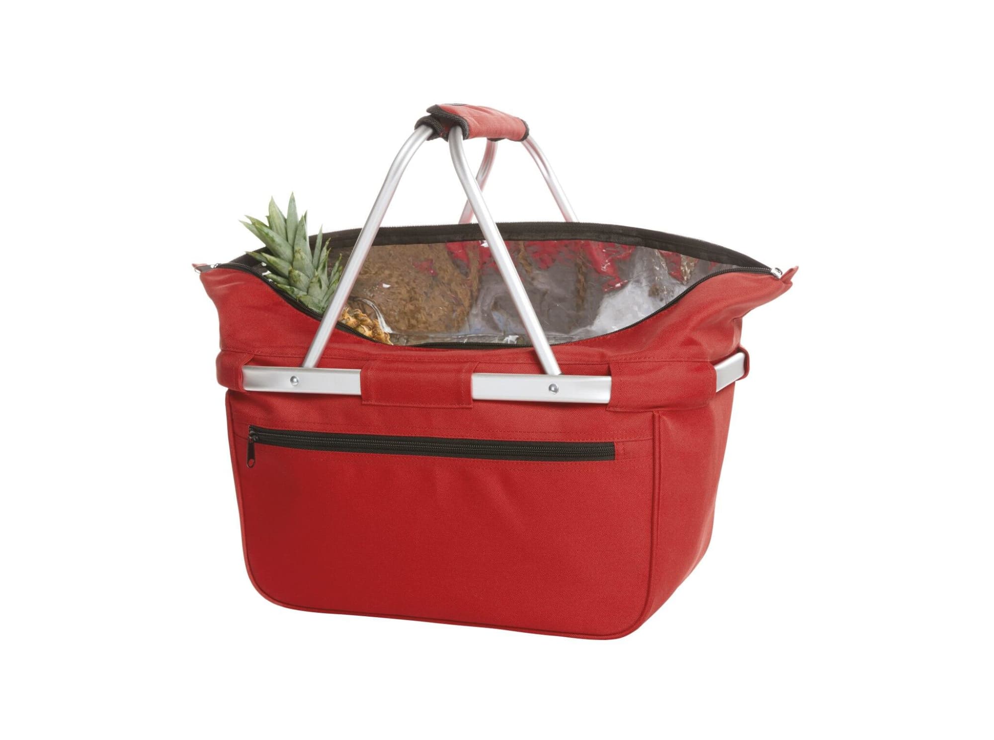 A red cooler bag with a transparent top, featuring silver handles and a zippered pocket. Contains a pineapple inside.