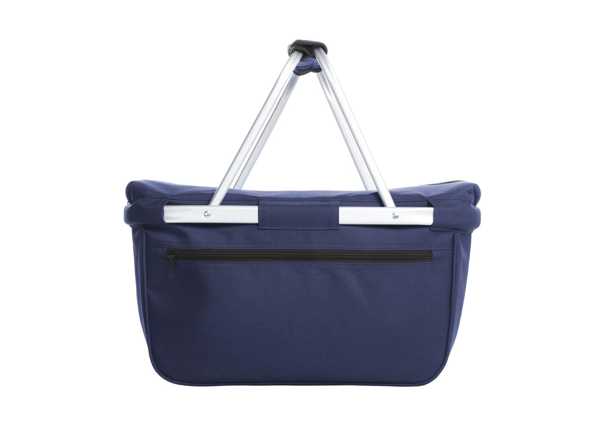 A navy blue cooler bag with a sturdy handle and a zippered pocket on the front, featuring a logo.
