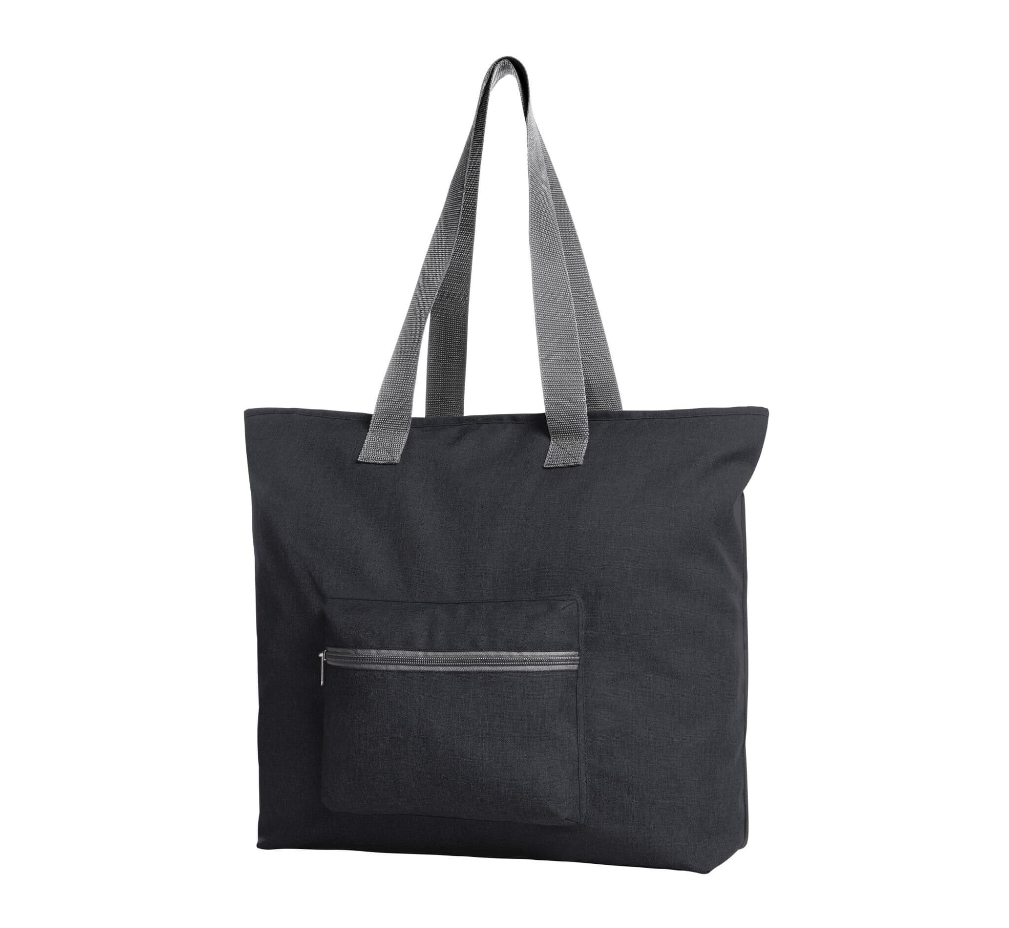 A large black tote bag with grey straps and a front zip pocket. It has a simple design and features branding.