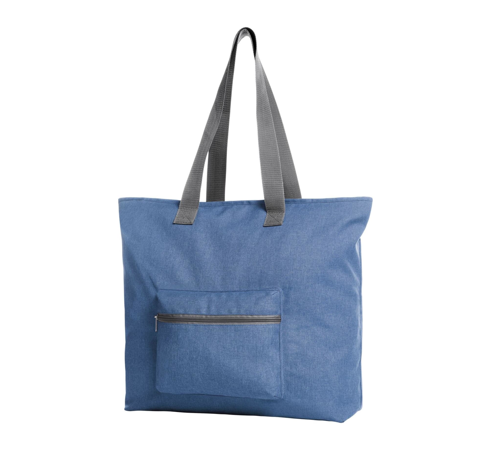 A blue tote bag with grey handles and a front zip pocket. It has a simple design and a logo on it.