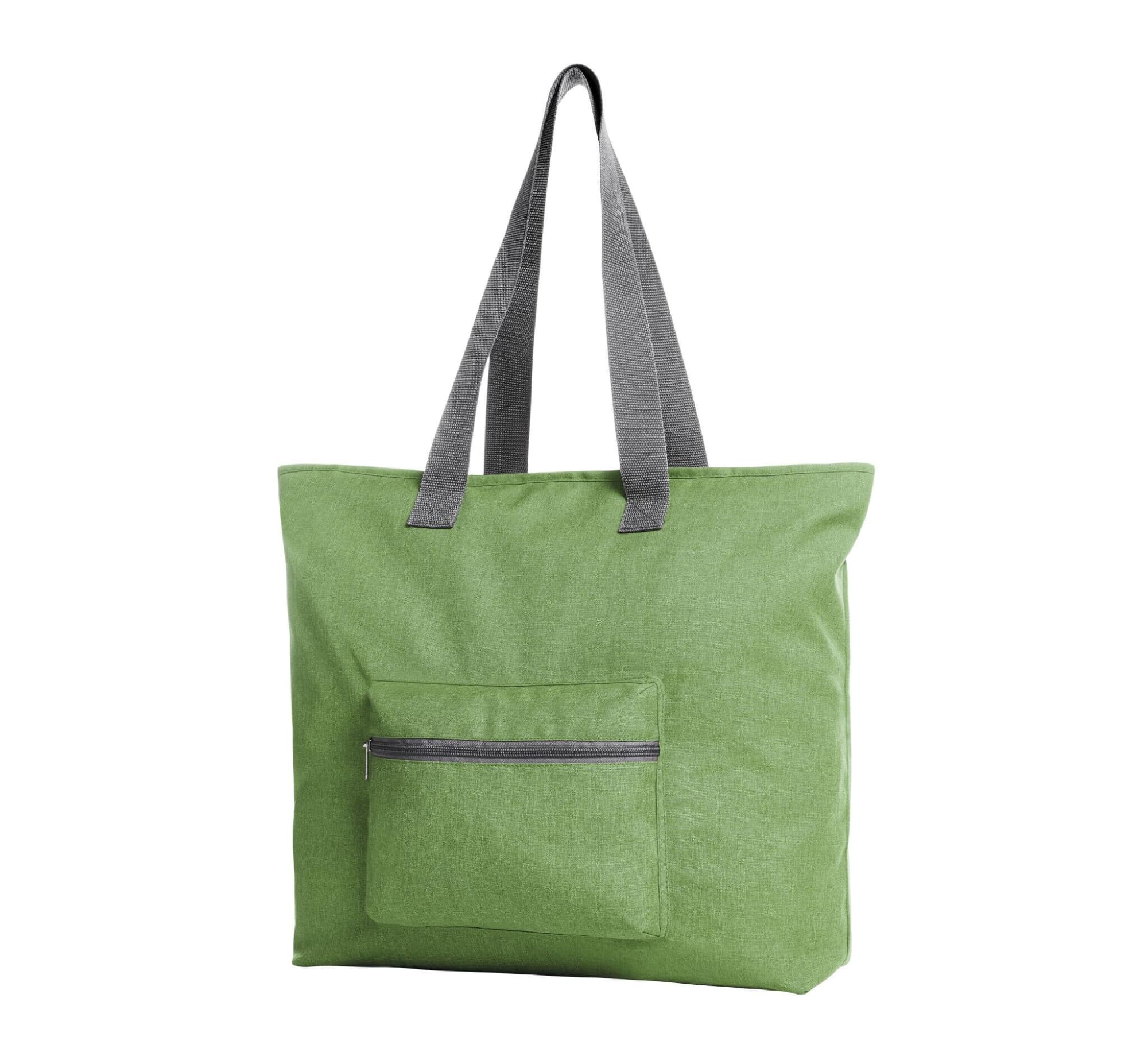 A green tote bag with grey straps and a front zip pocket. It features a simple design and has a logo.