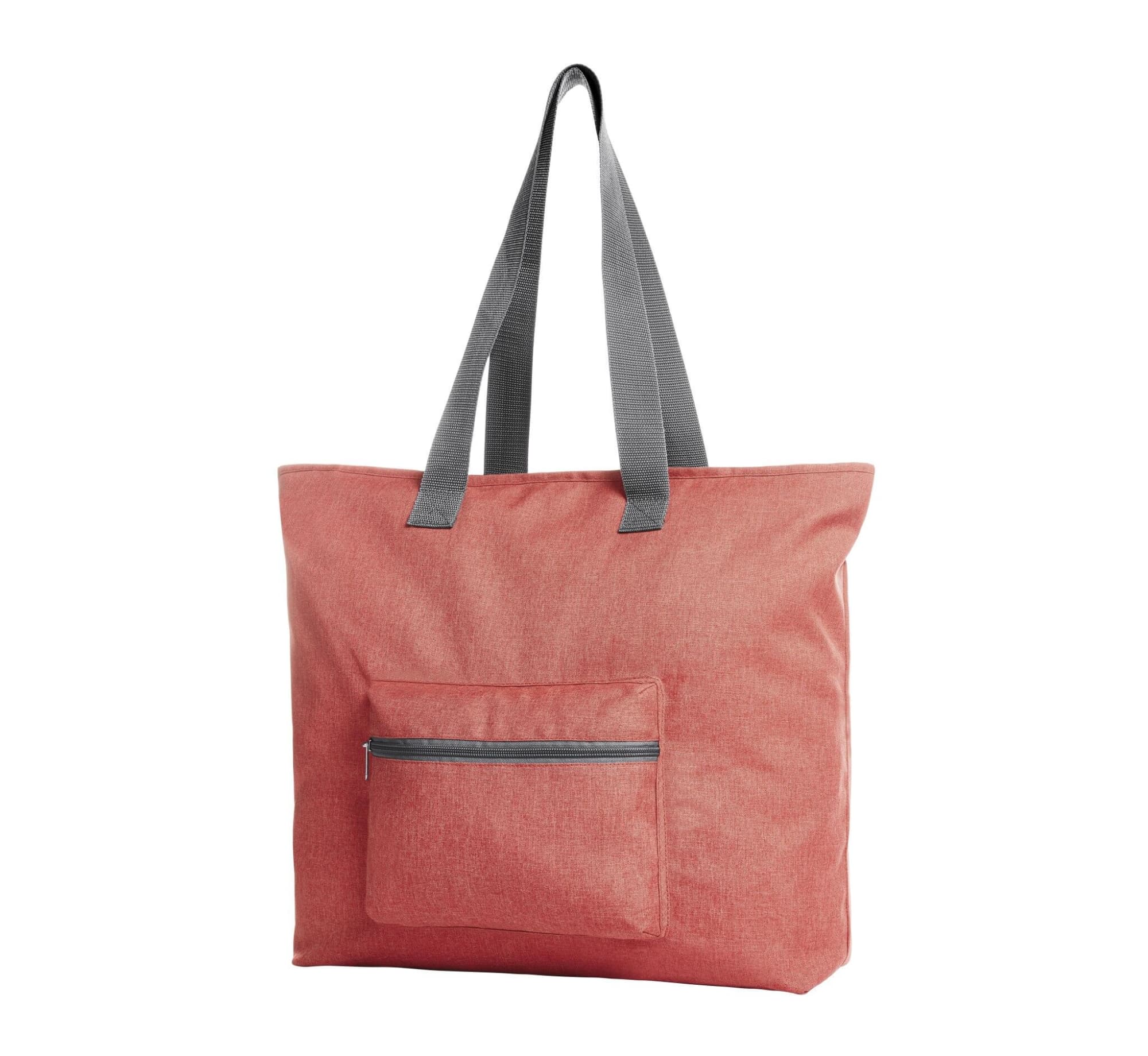 A coral tote bag with grey straps and a front zip pocket. Features a logo on the design.