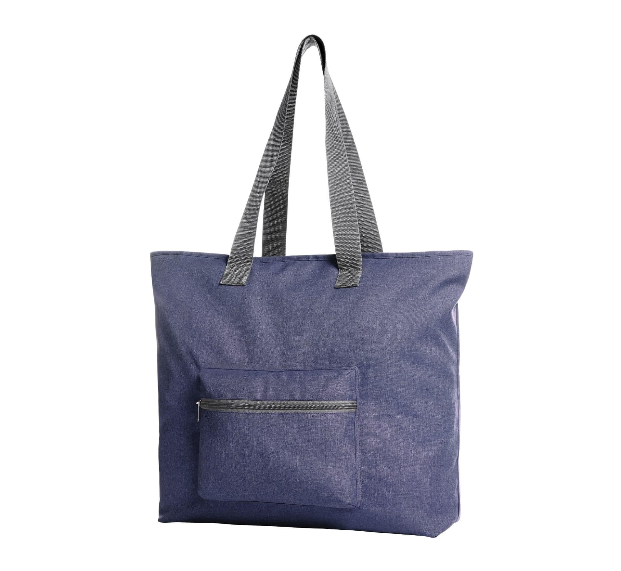 A large navy tote bag with grey handles and a zippered front pocket. It features a logo on the front.