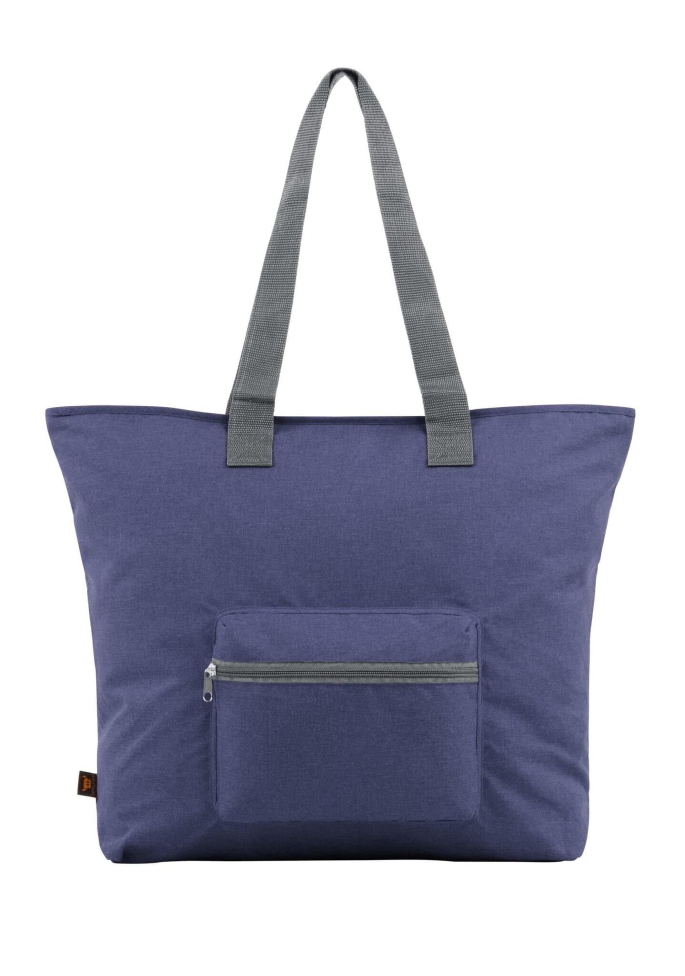 A purple tote bag with grey straps and a front zippered pocket, featuring a small logo.