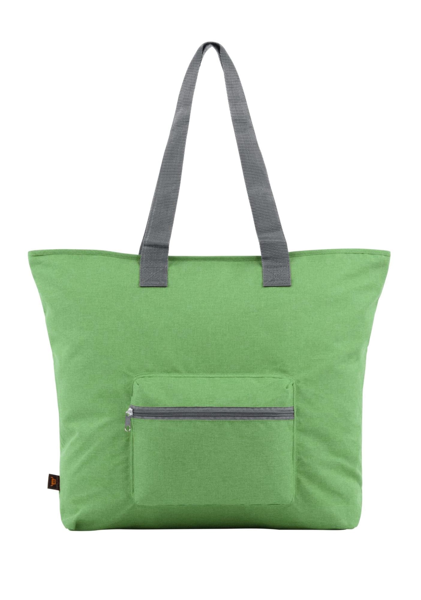 A green tote bag featuring grey straps and a front zip pocket, complemented by a logo.