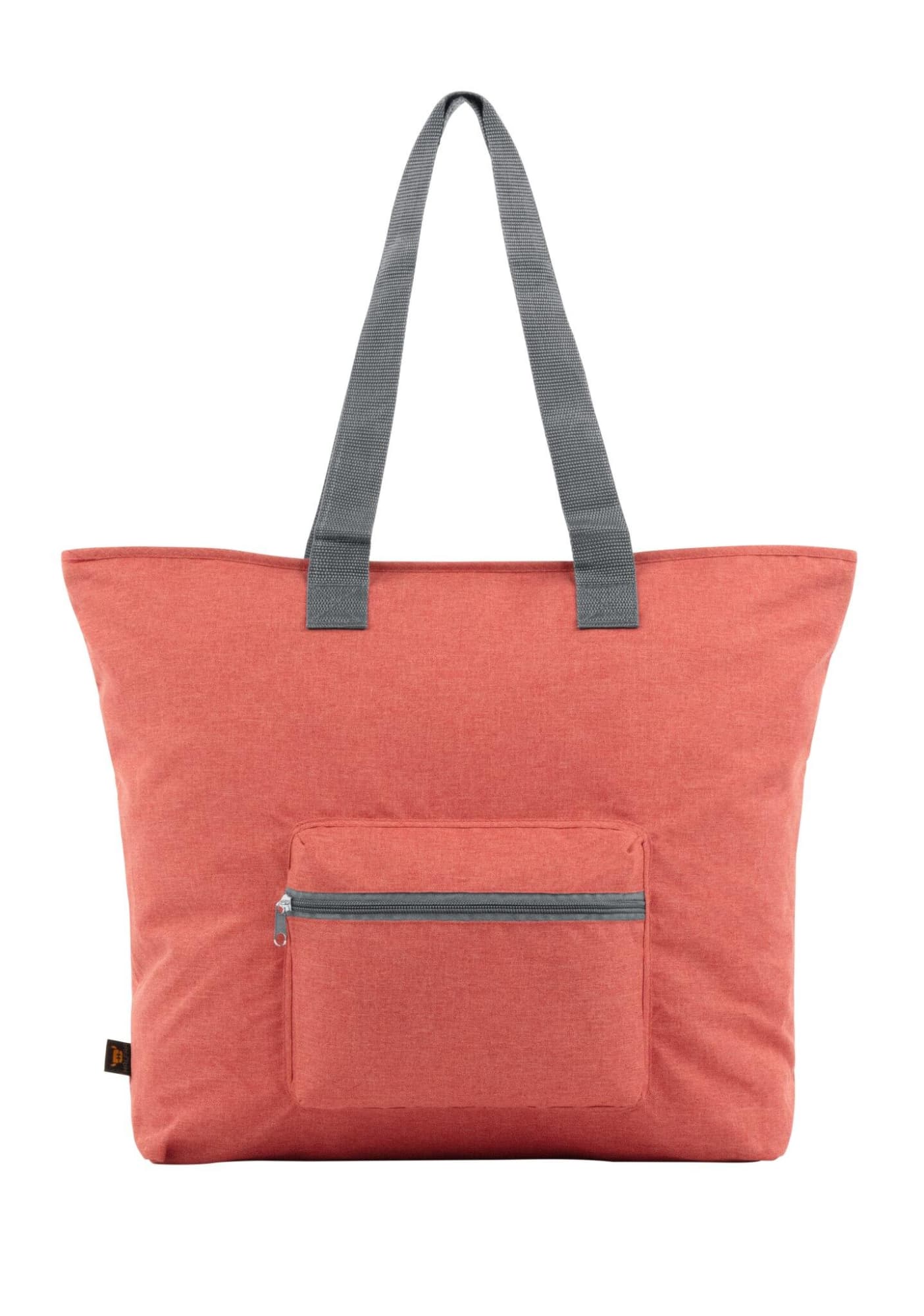 A large coral tote bag with grey straps and a front zip pocket. It features a simple, sleek design.