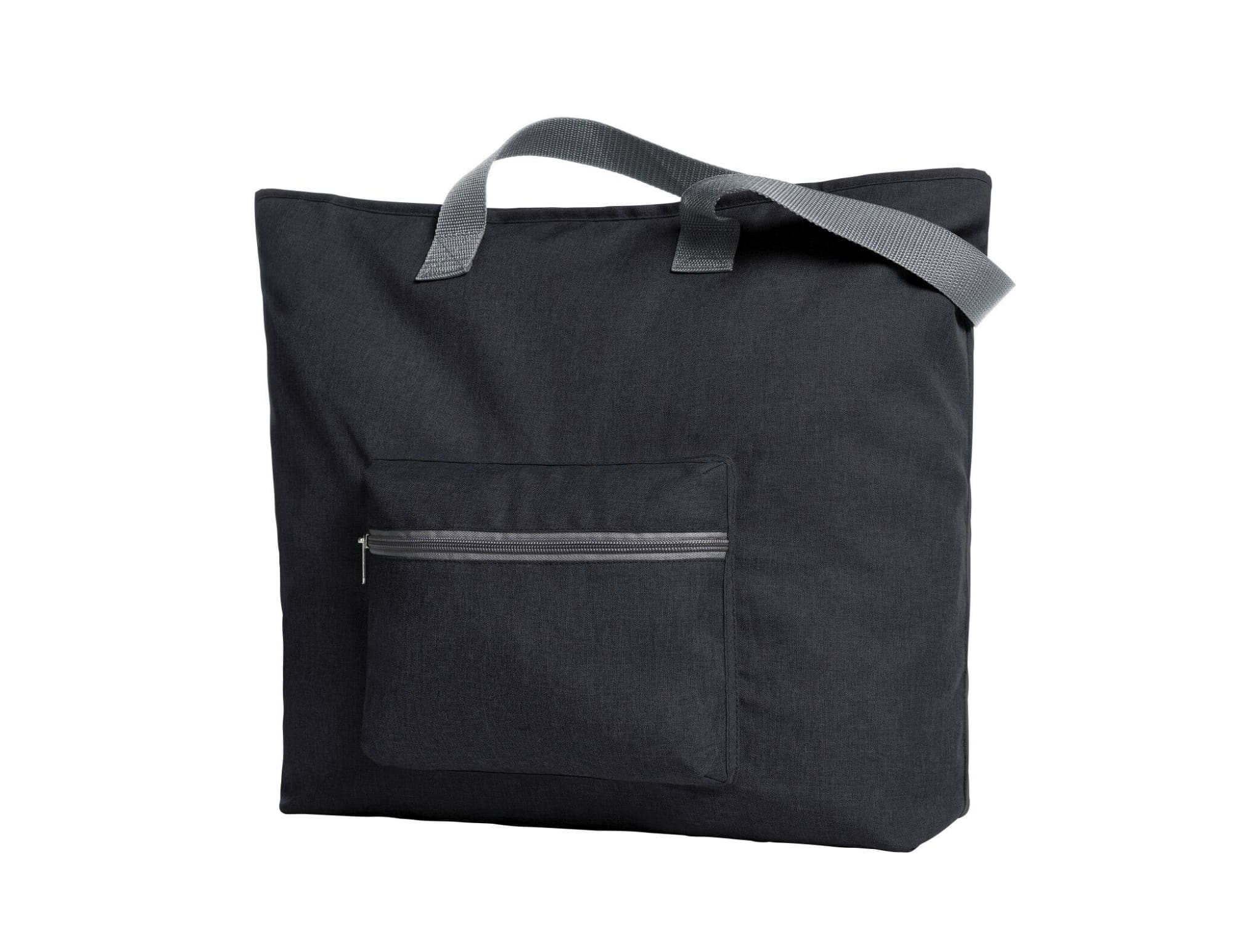 A black tote bag with a grey strap and a front zipped pocket. Features a logo on the side.