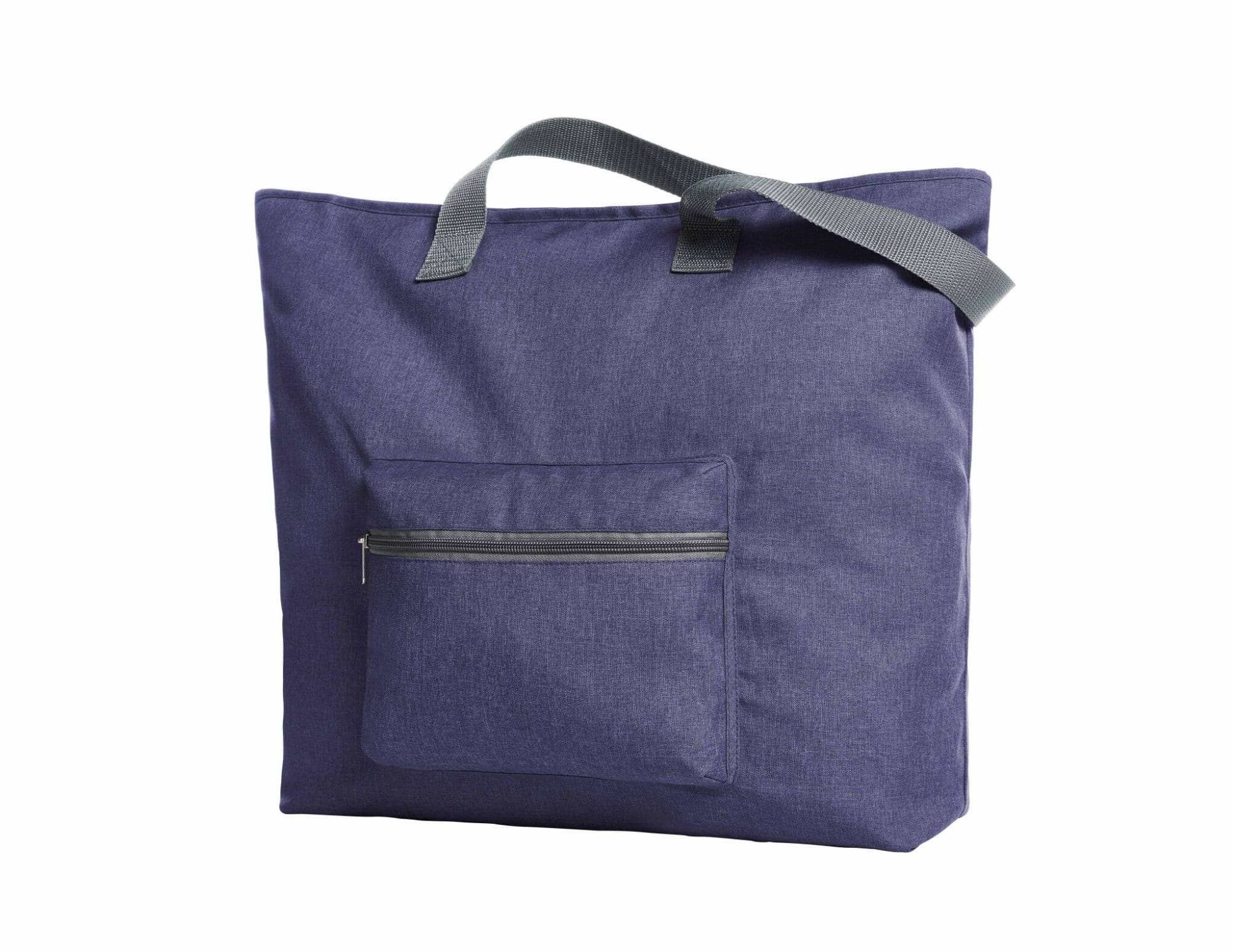 A large navy tote bag with a front zip pocket and grey handles. The bag features a simple, casual design.
