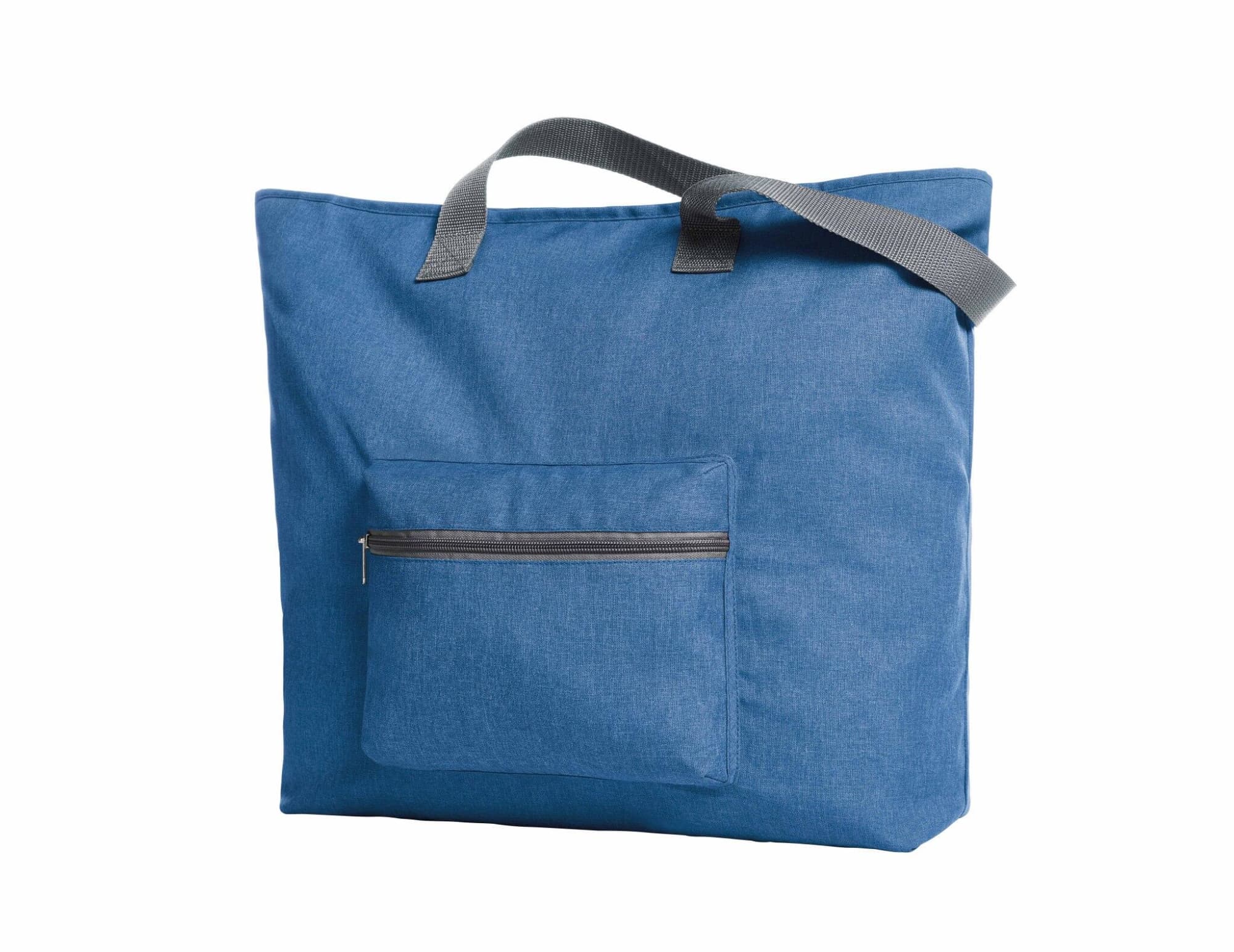 A blue tote bag with a grey handle and a front zip pocket. It features a logo on the side.