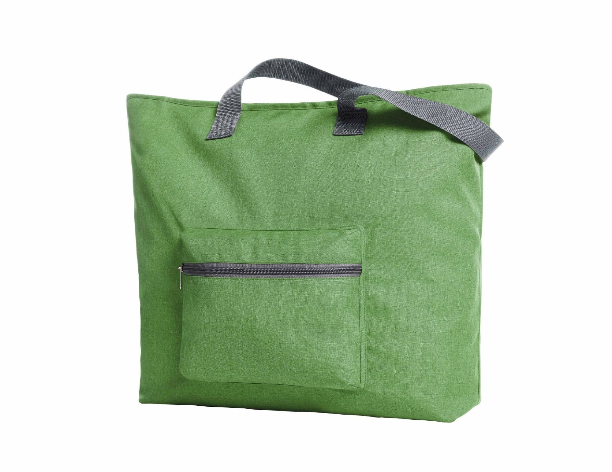 A green tote bag with a zippered pocket, featuring two sturdy handles and a simple design. It has a logo on it.