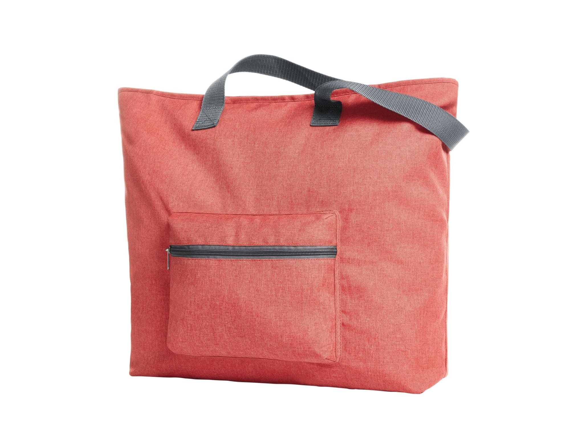A coral tote bag with a grey handle and a front zippered pocket, featuring a logo.