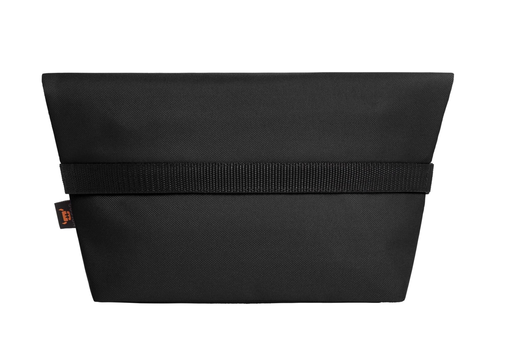 A black cooler bag with a structured design and a solid strap around the centre, featuring a logo.